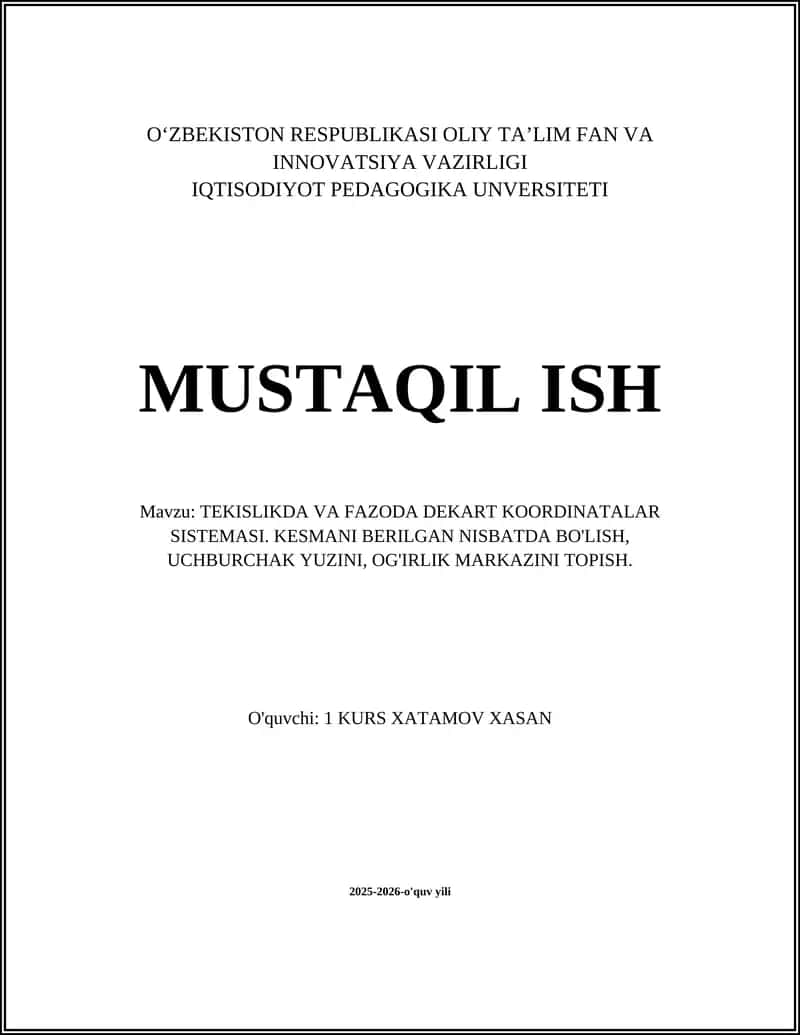 TEKISLIKDA VA FAZODA DEKART KOORDINATALAR SISTEMASI 1