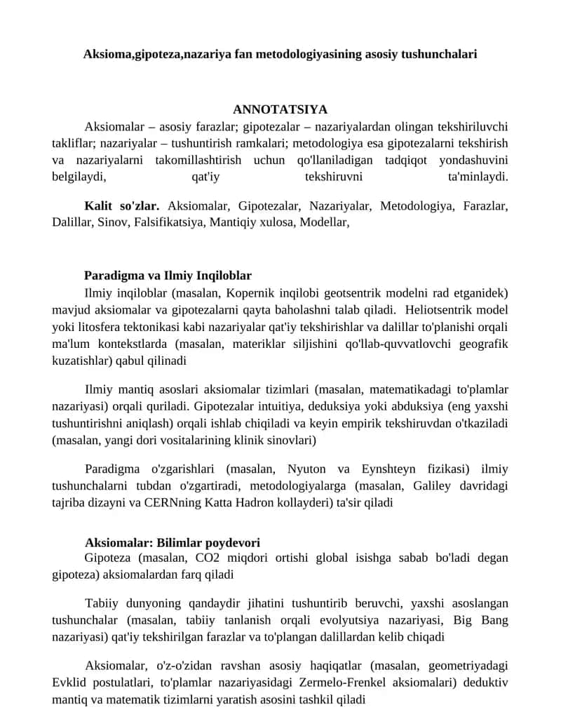 Aksioma, gipoteza, nazariya fan metodologiyasining asosiy tushunchalari 1