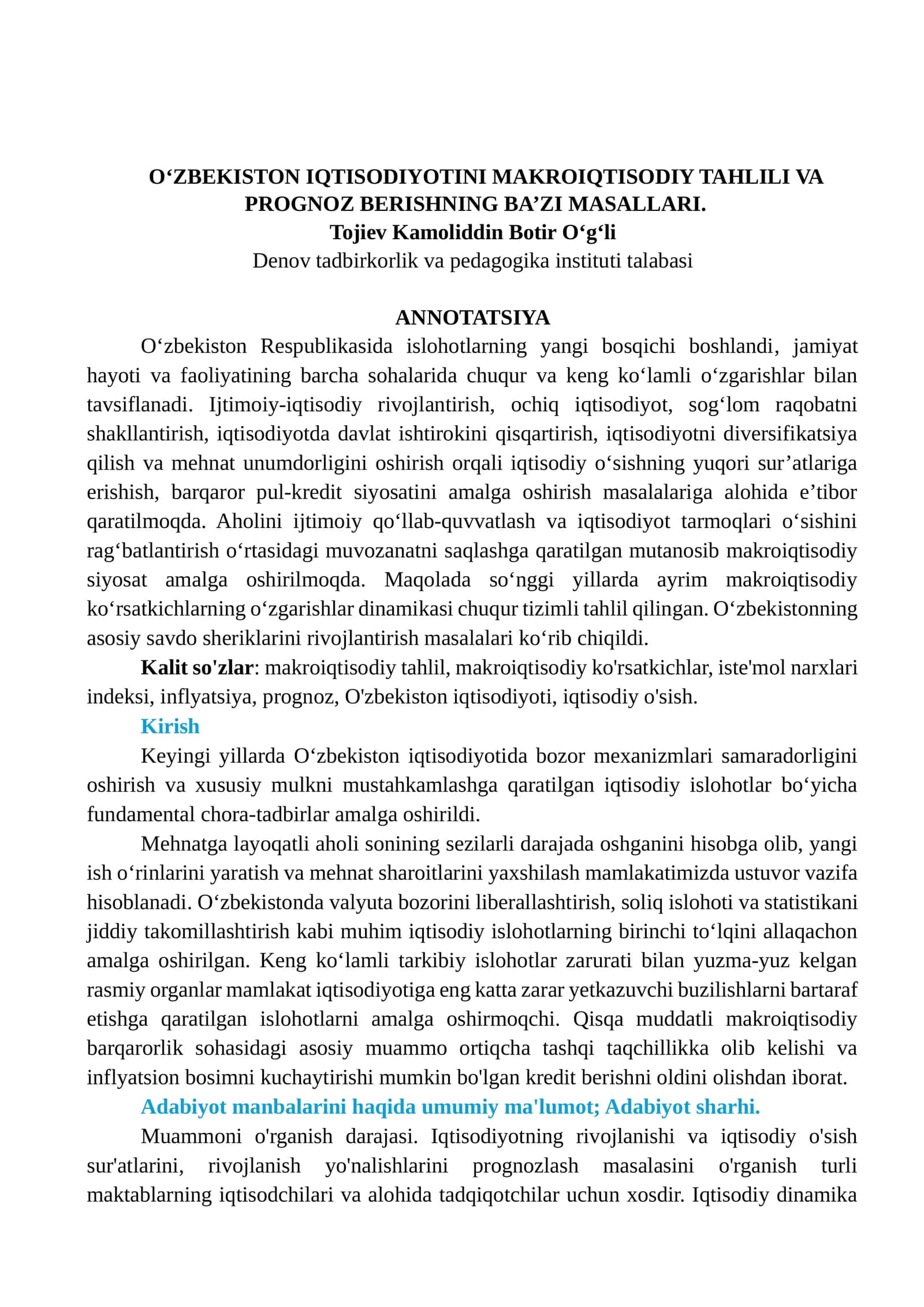 O‘ZBEKISTON IQTISODIYOTINI MAKROIQTISODIY TAHLILI VA PROGNOZ BERISHNING BA’ZI MASALLARI 1