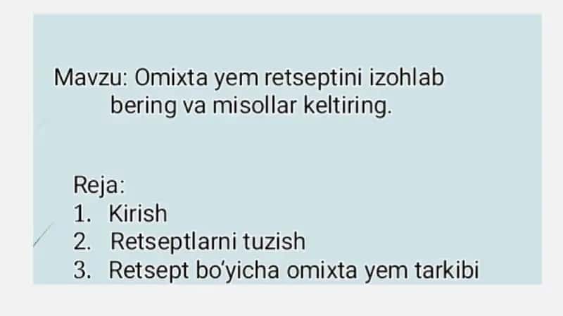Omuxta yem retseptini tuzish va misollar keltirish 1