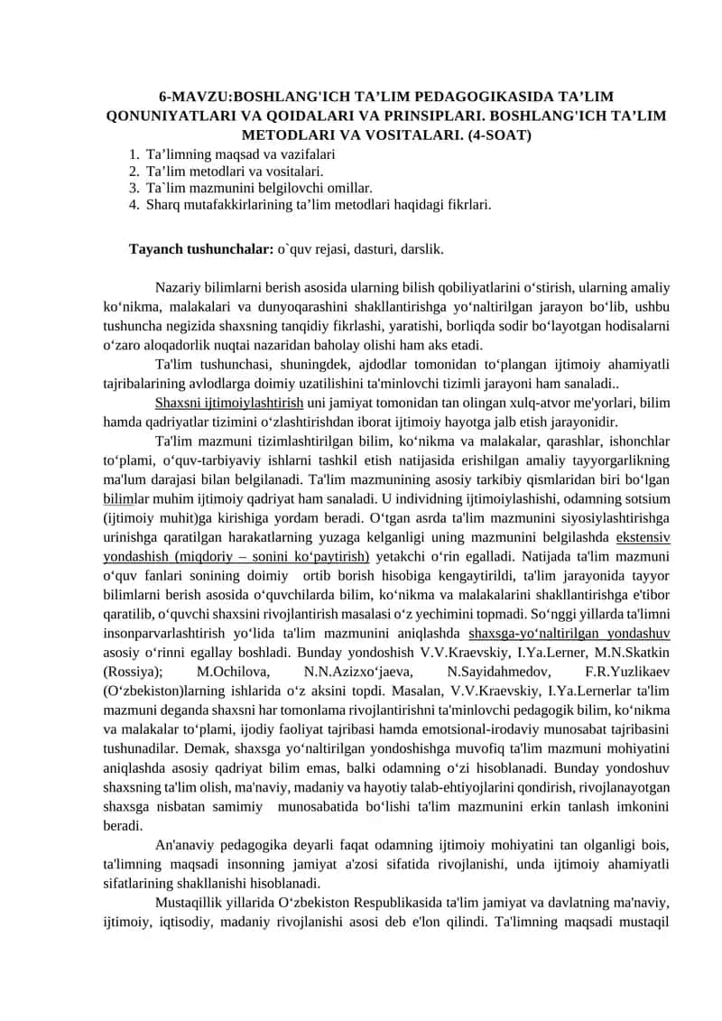 BOSHLANG'ICH TA’LIM PEDAGOGIKASIDA TA’LIM QONUNIYATLARI VA QOIDALARI VA PRINSIPLARI 1