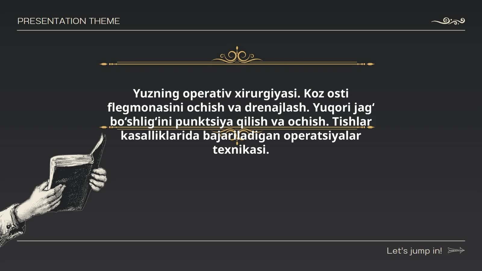 Yuzning operativ xirurgiyasi. Koz osti flegmonasini ochish va drenajlash. Yuqori jag‘ bo‘shlig‘ini punktsiya qilish va ochish. Tishlar kasalliklarida bajariladigan operatsiyalar texnikasi 1