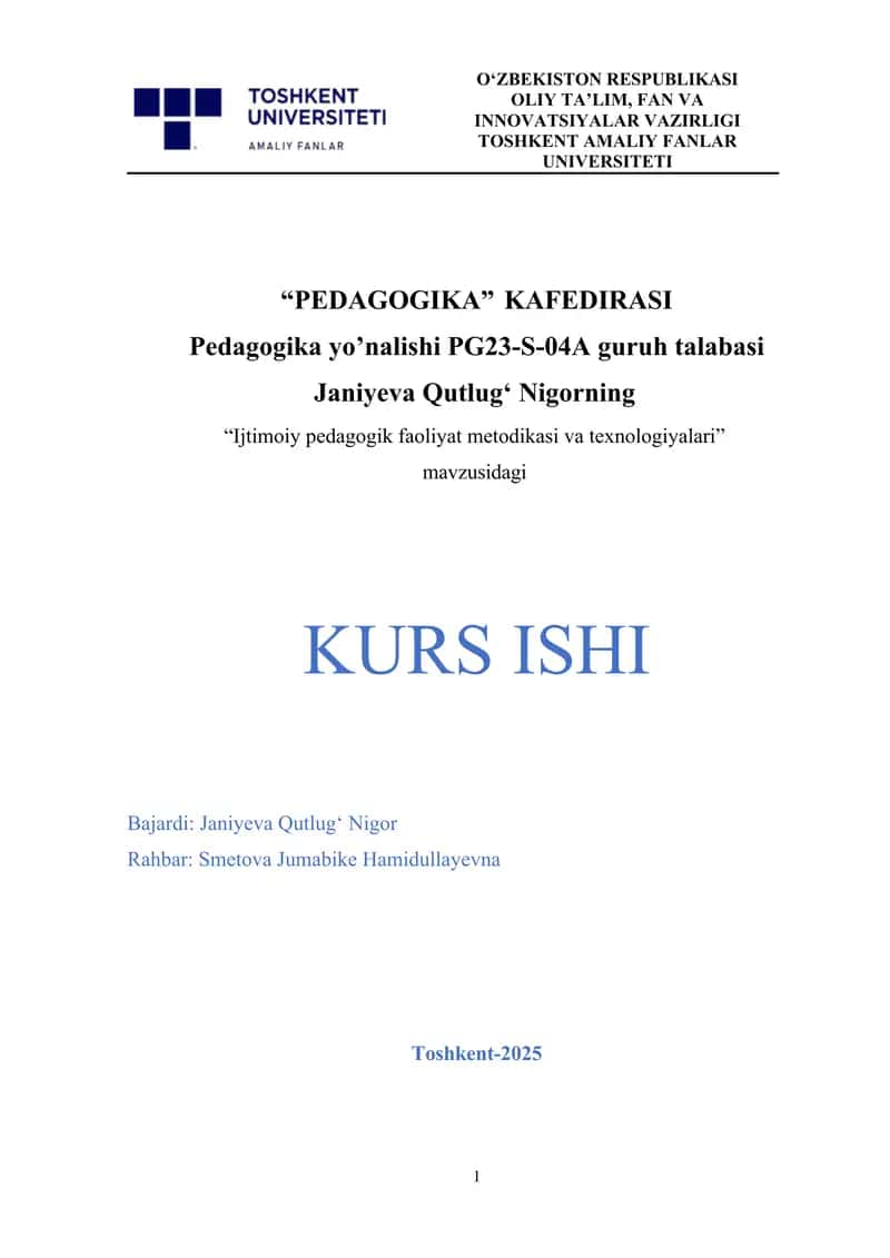 Ijtimoiy pedagogik faoliyat metodikasi va texnologiyalari 1