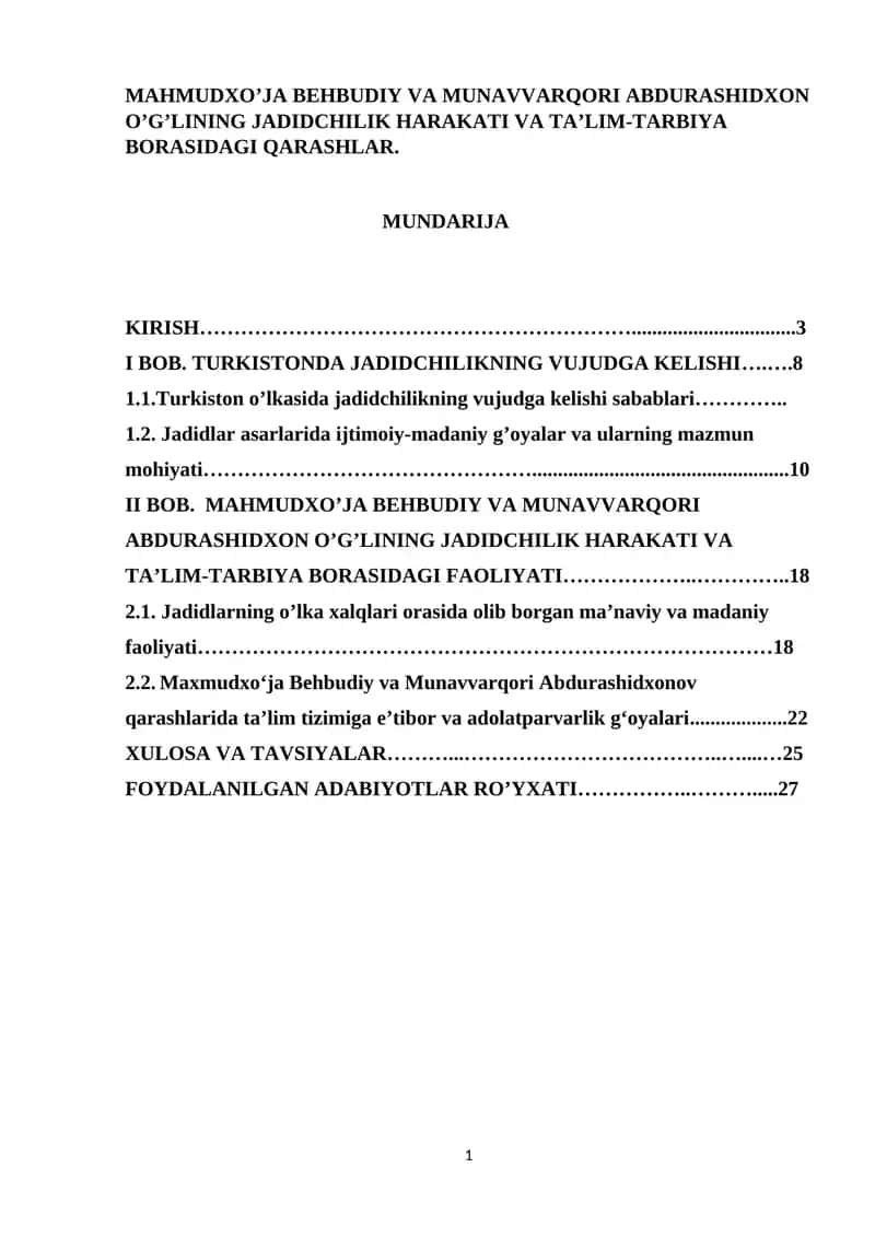 MAHMUDXO’JA BEHBUDIY VA MUNAVVARQORI ABDURASHIDXON O’G’LINING JADIDCHILIK HARAKATI VA TA’LIM-TARBIYA BORASIDAGI QARASHLAR. 1