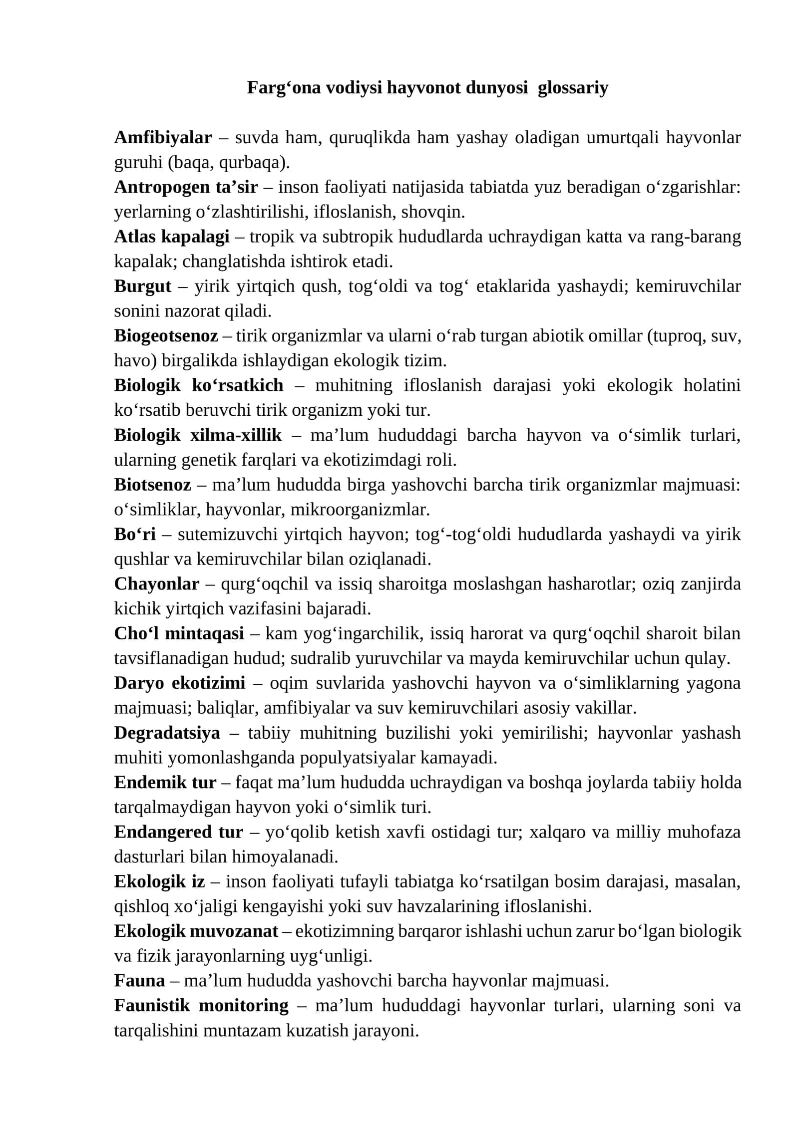 Farg‘ona vodiysi hayvonot dunyosi glossariy 1