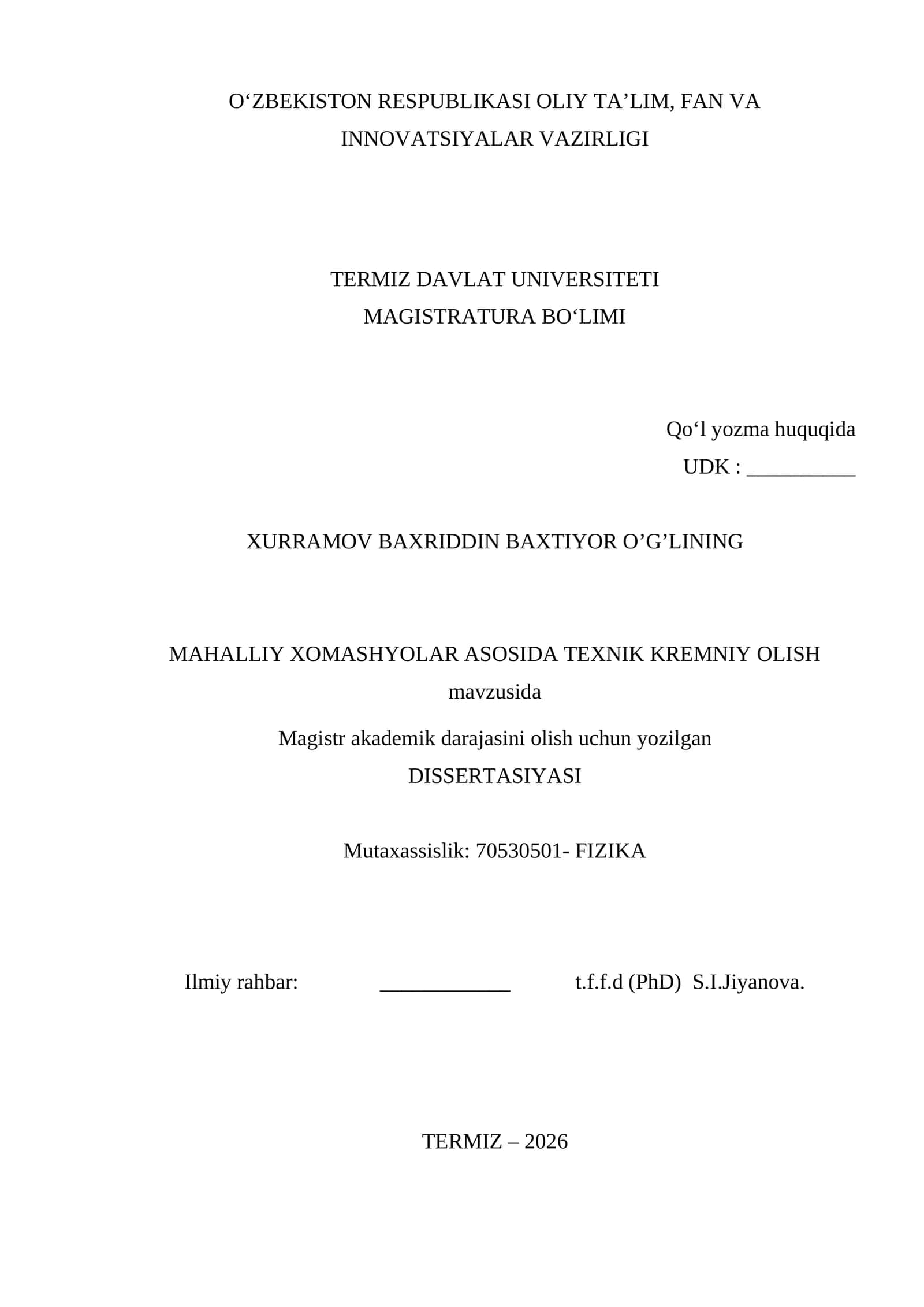 Mahalliy xomashyolar asosida texnik kremniy olg‘a 1