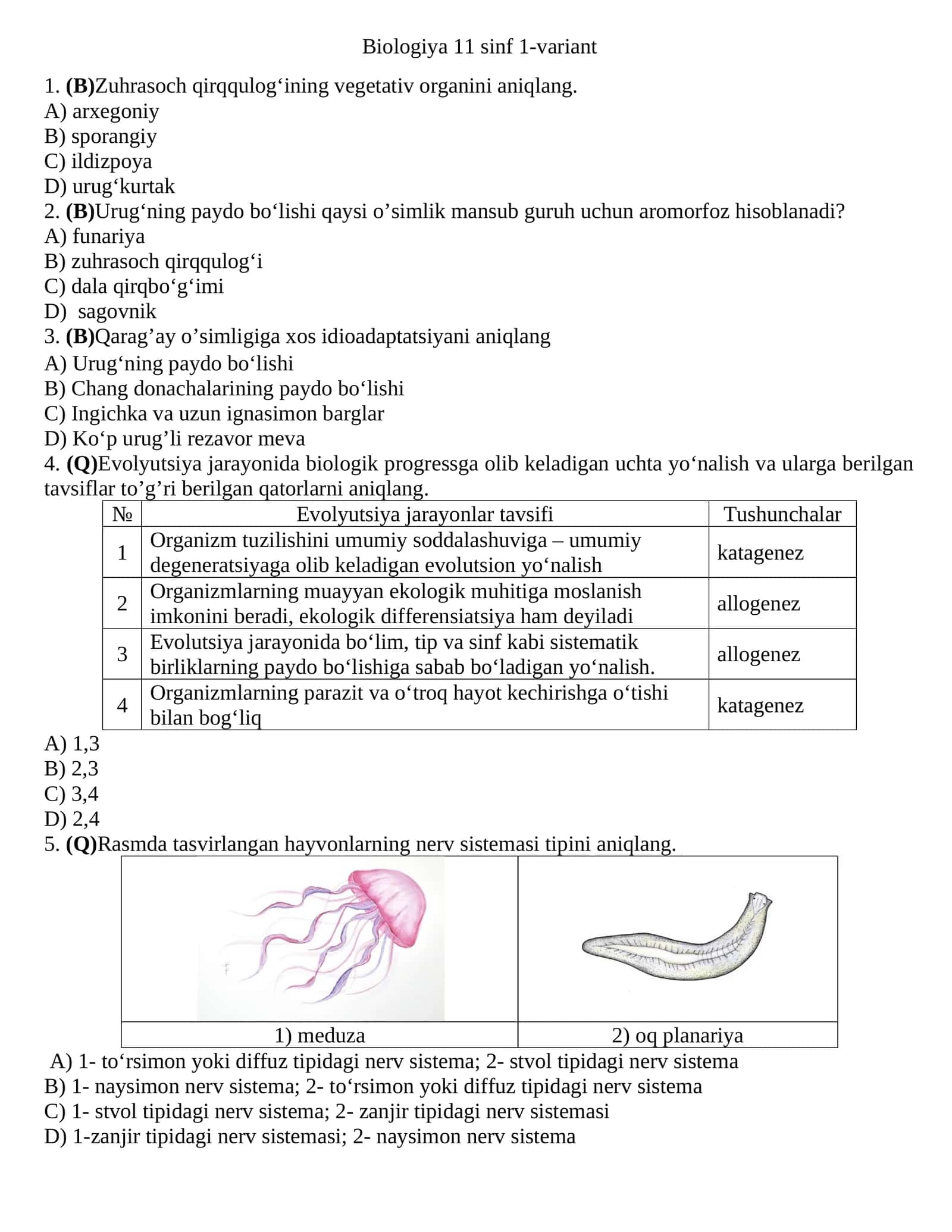 Biologiya 11 sinf 1-variant 1