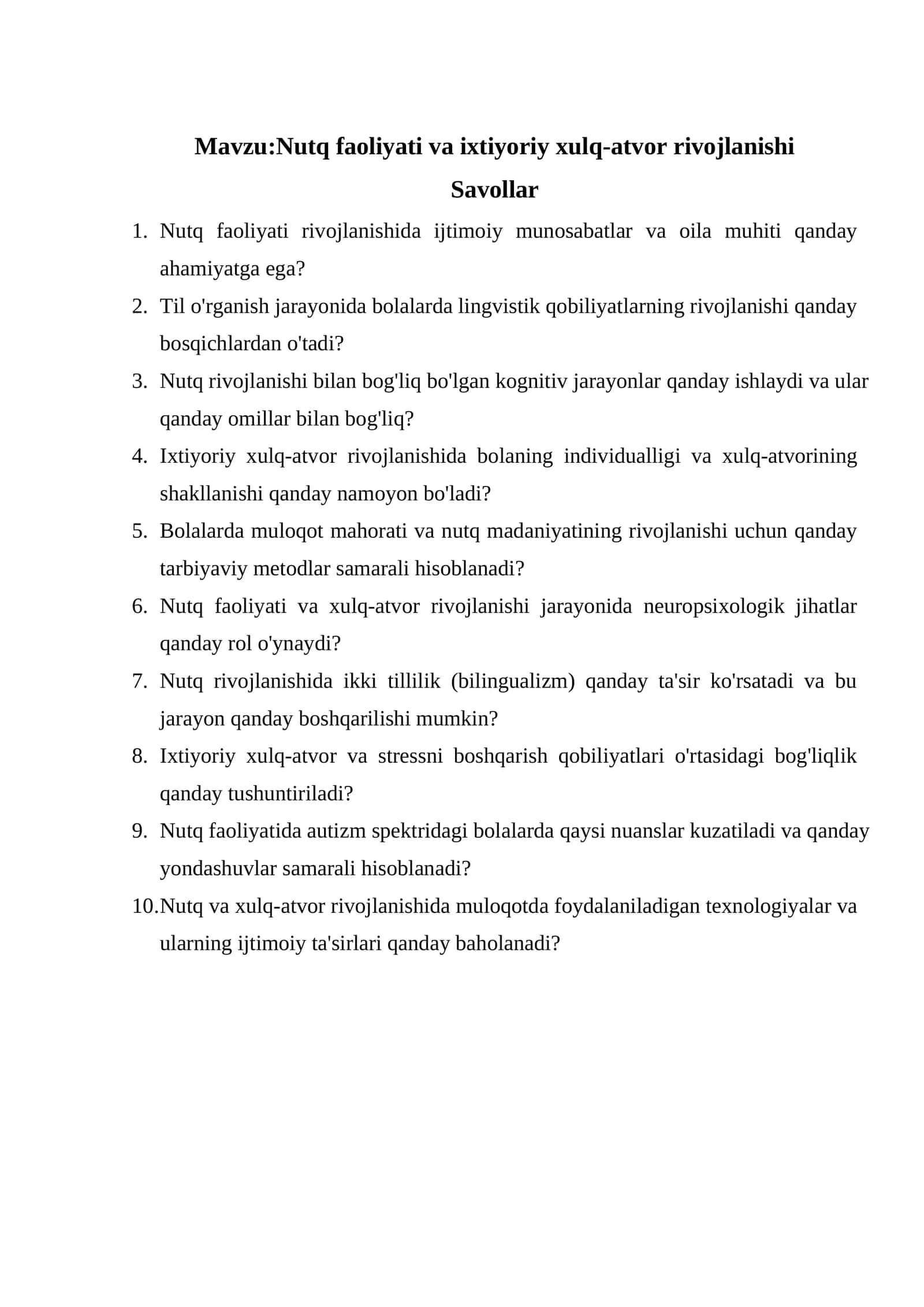 Nutq faoliyati va ixtiyoriy xulq-atvor rivojlanishi 1