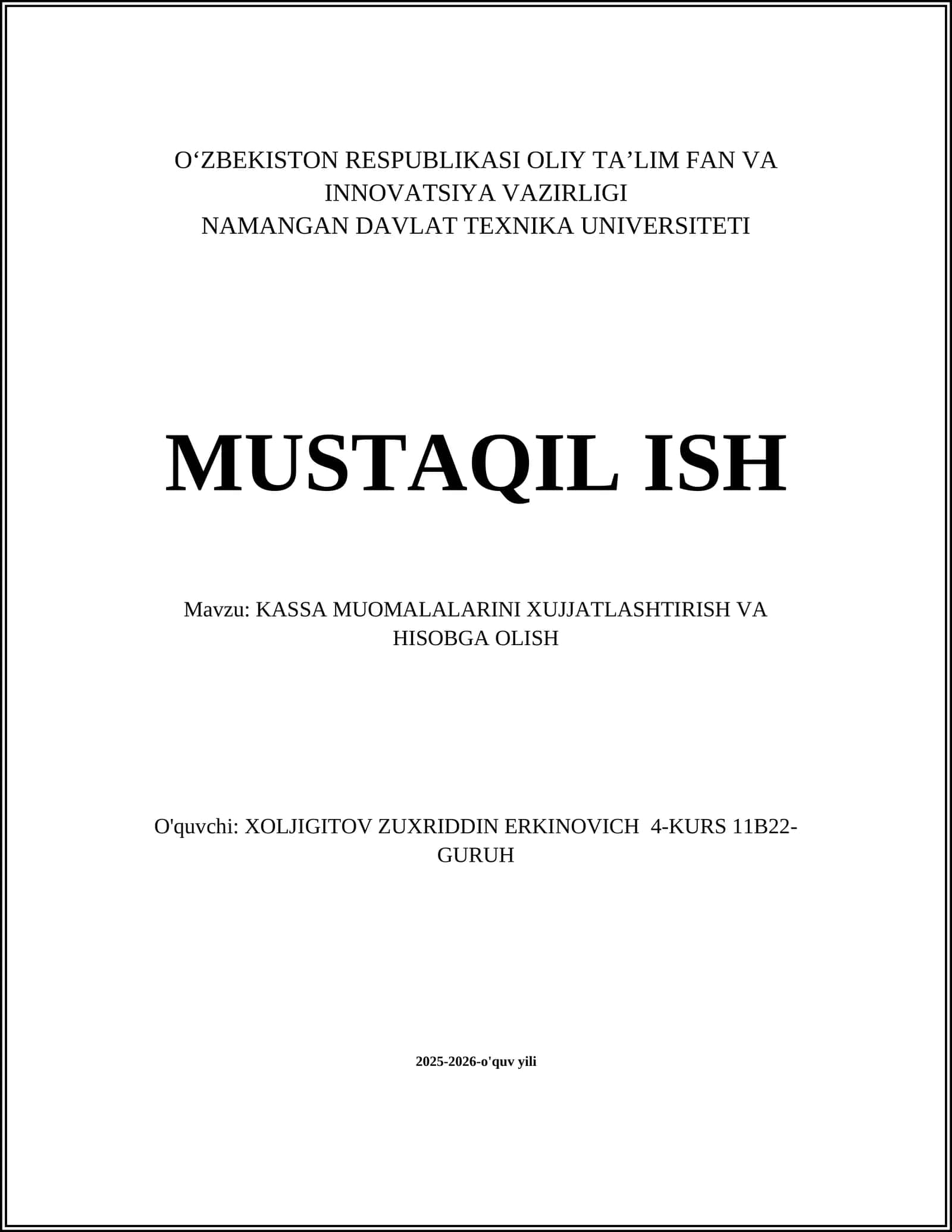 Kassa muomalalarini xujjatlashtirish va hisobga olish 1