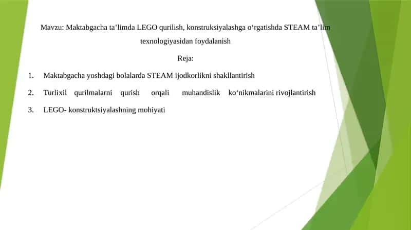 Maktabgacha ta’limda LEGO qurilish, konstruksiyalashga o‘rgatishda STEAM ta’lim texnologiyasidan foydalanish 1
