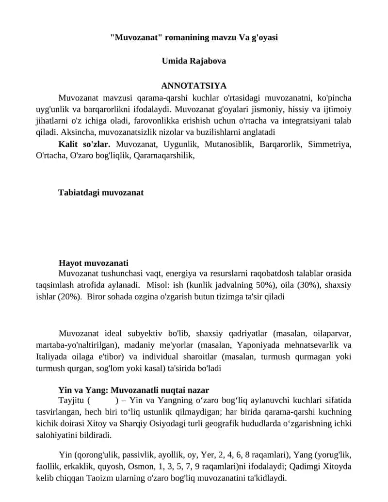 "Muvozanat" romanining mavzu Va g'oyasi 1