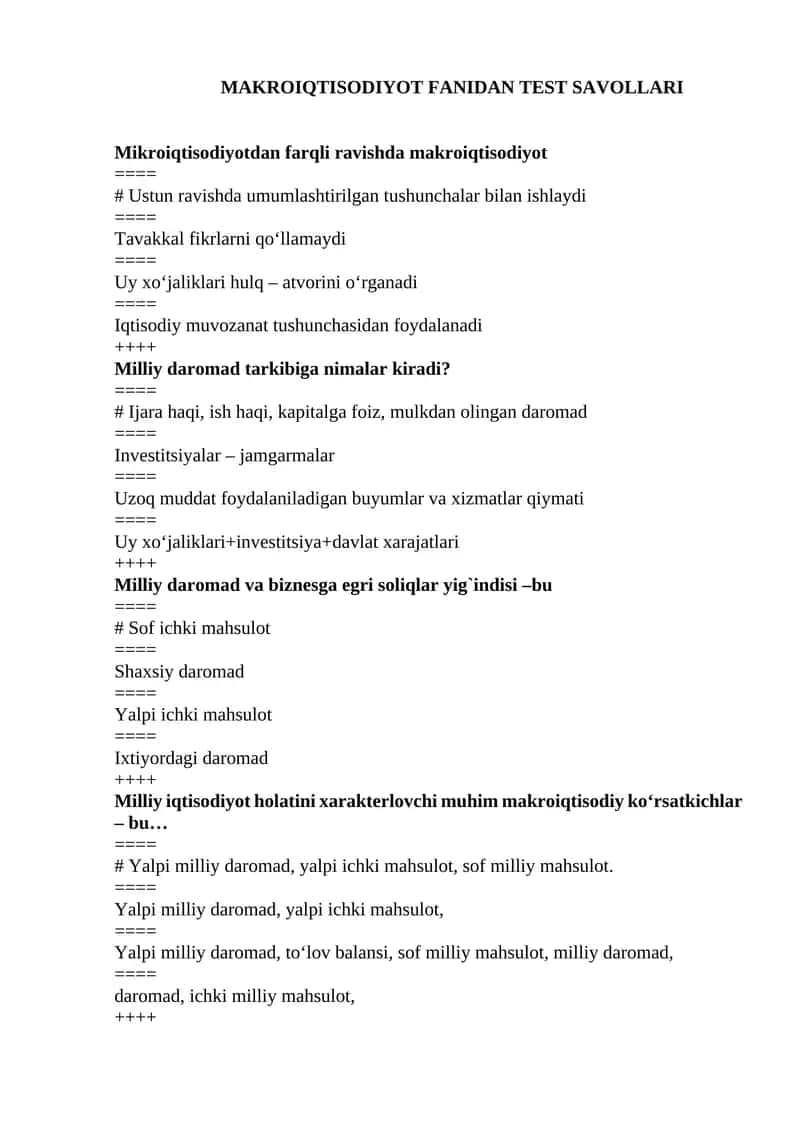 MAKROIQTISODIYOT FANIDAN TEST SAVOLLARI 1