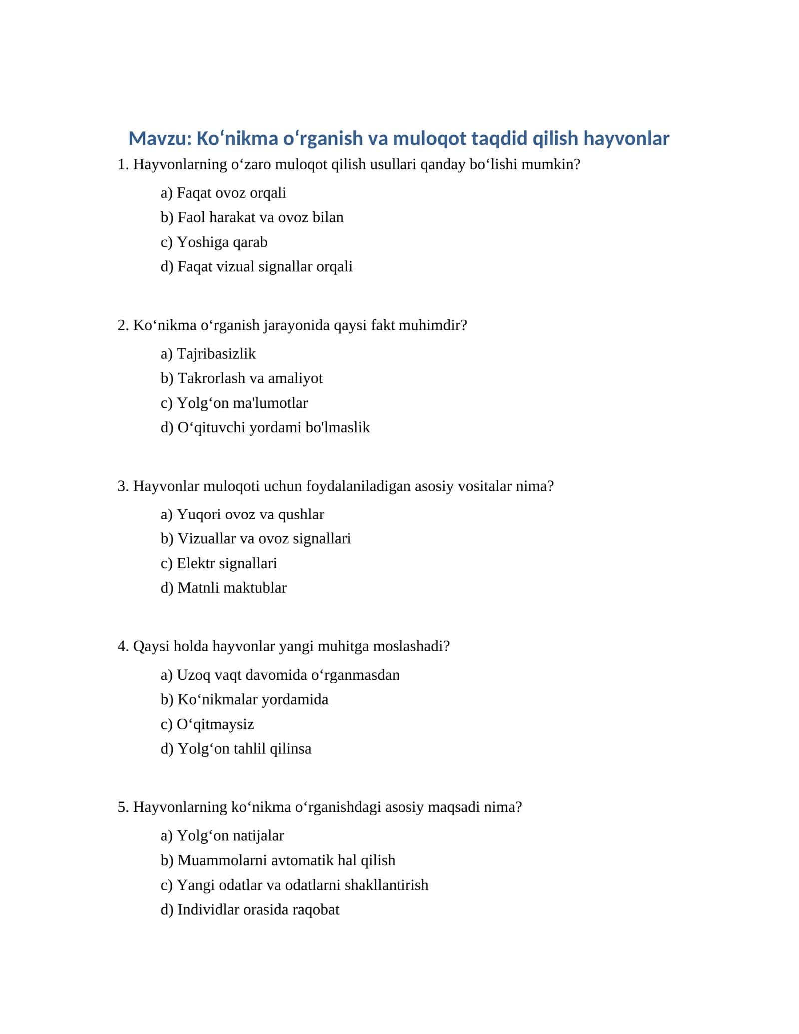 Koʻnikma oʻrganish va muloqot taqdid qilish hayvonlar 1
