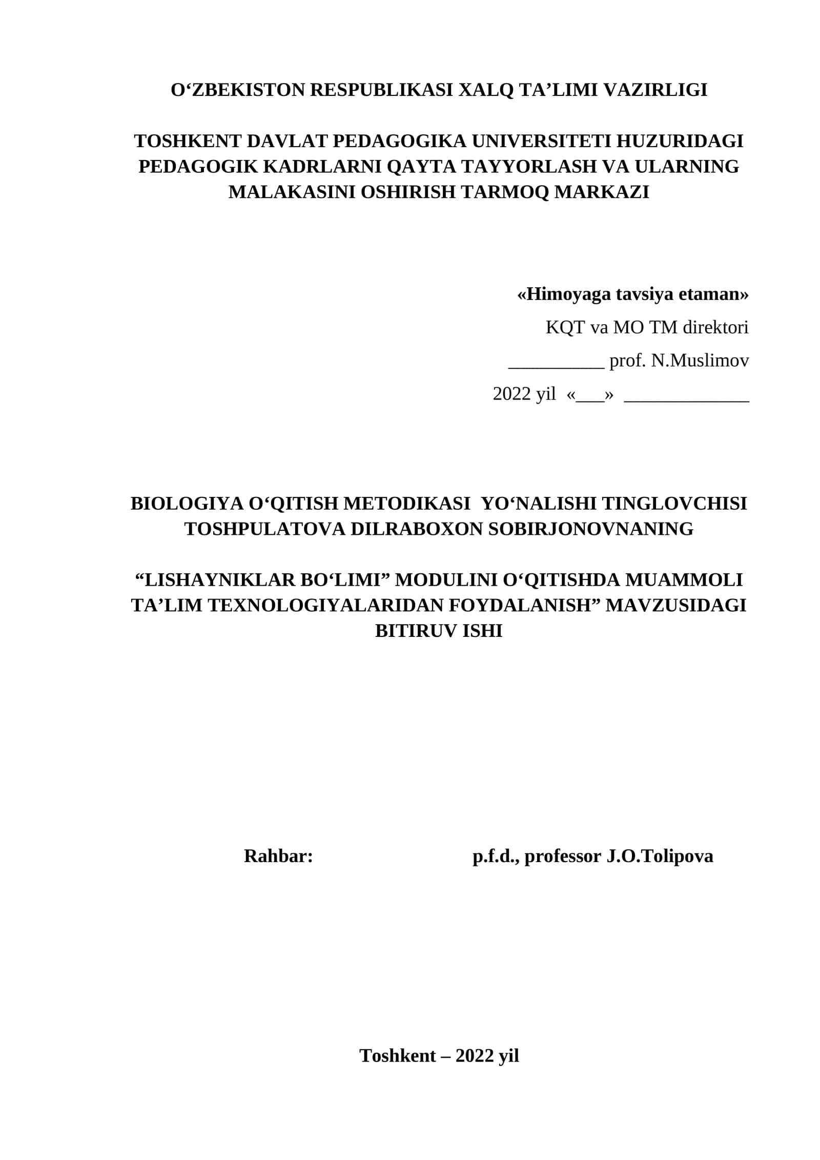 BIOLOGIYA O‘QITISH METODIKASI YO‘NALISHI TINGLOVCHISI 1