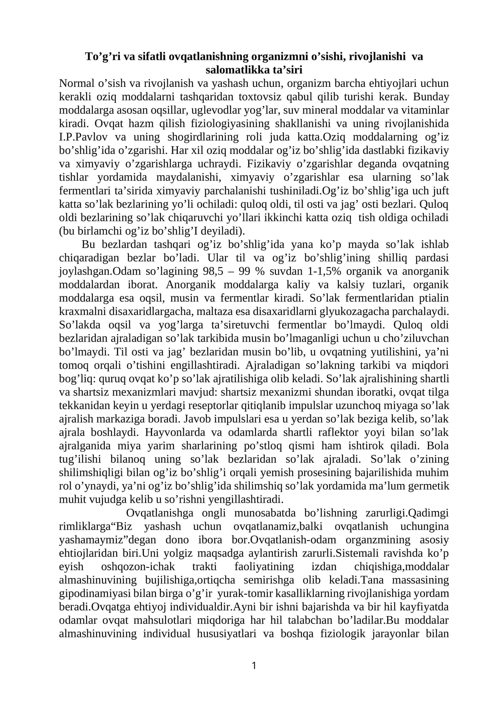 To’g’ri va sifatli оvqatlanishning оrganizmni o’sishi, rivоjlanishi va salоmatlikka ta’siri 1