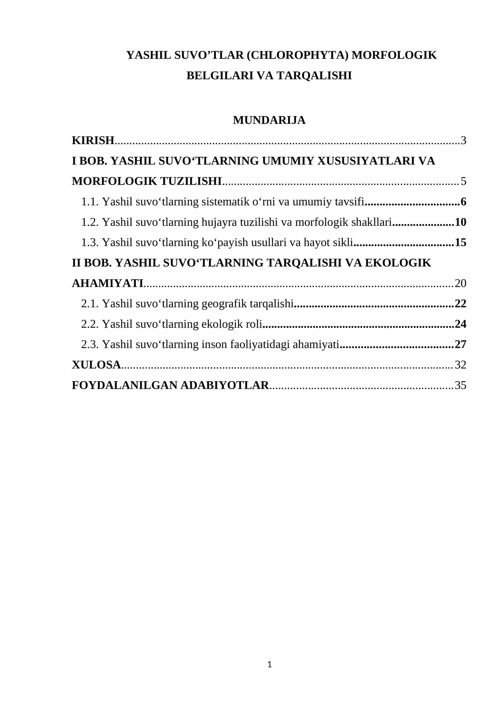 YASHIL SUVO’TLAR (CHLOROPHYTA) MORFOLOGIK BELGILARI VA TARQALISHI 1