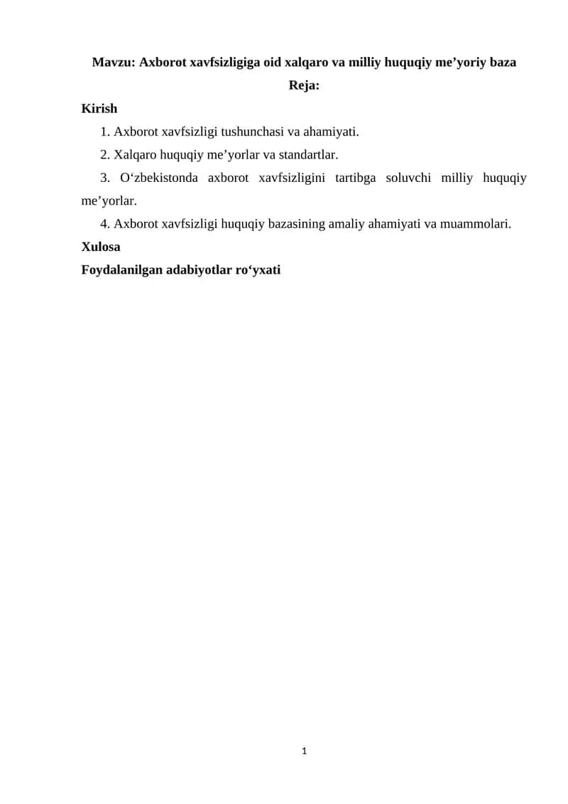Axborot xavfsizligiga oid xalqaro va milliy huquqiy me’yoriy baza 1