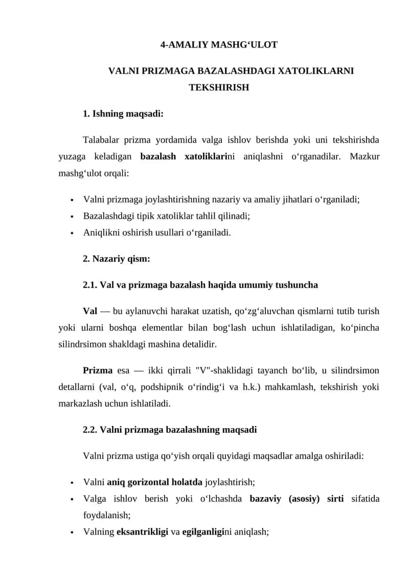Valni Prizmaga Bazalashdagi Xatoliklarni Tekshirish