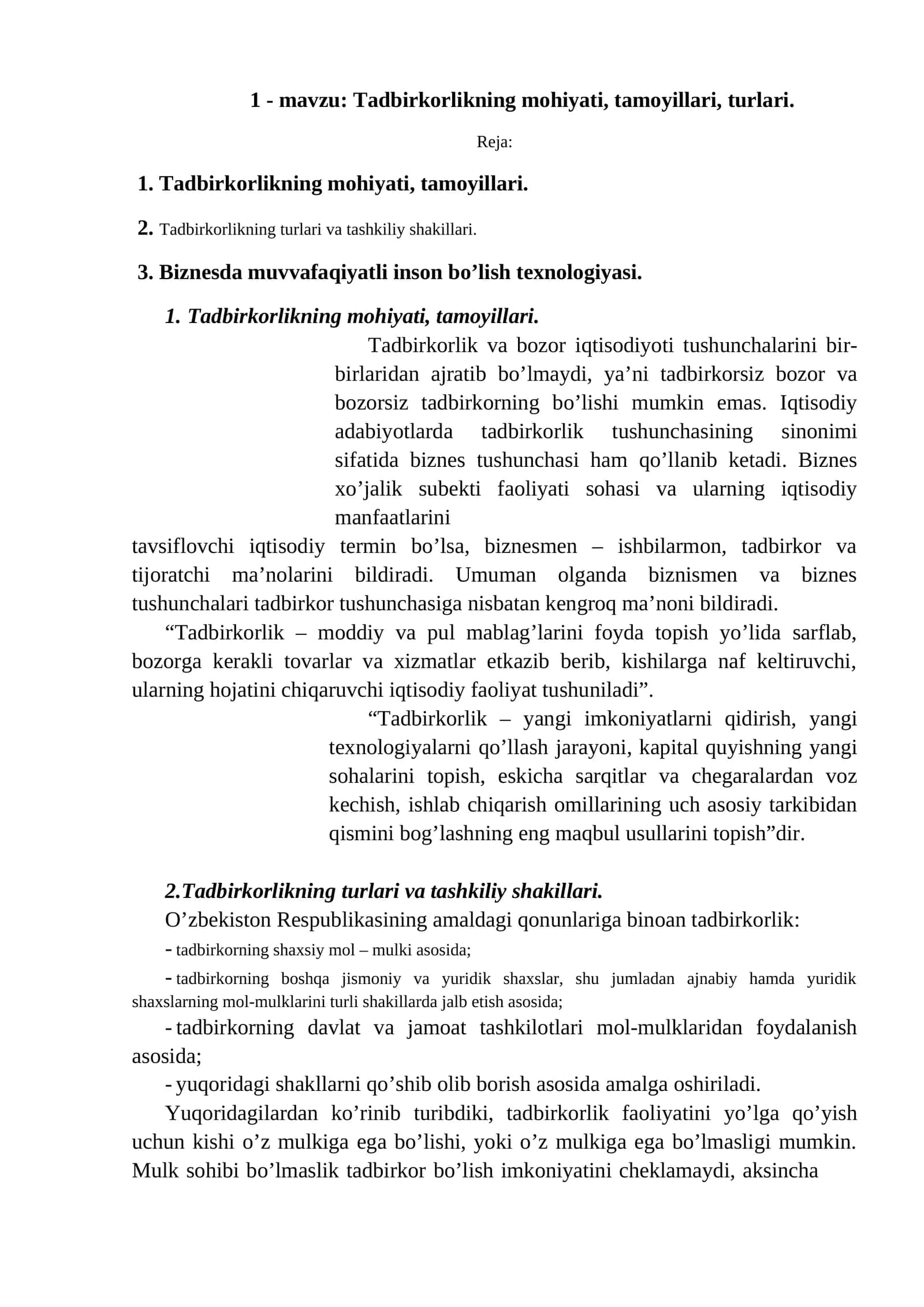 Tadbirkorlikning mohiyati, tamoyillari, turlari 1