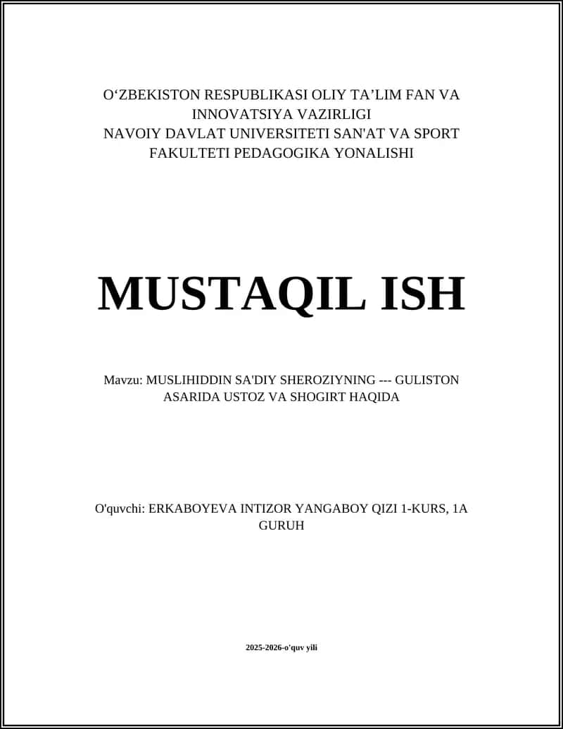 MUSLIHIDDIN SA'DIY SHEROZIYNING - GULISTON ASARIDA USTOZ VA SHOGIRT HAQIDA 1