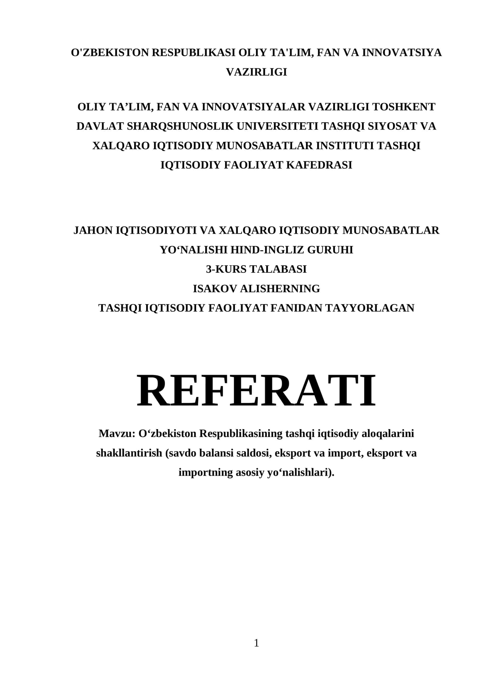 Tashqi Iqtisodiy Faoliyat Referati 1