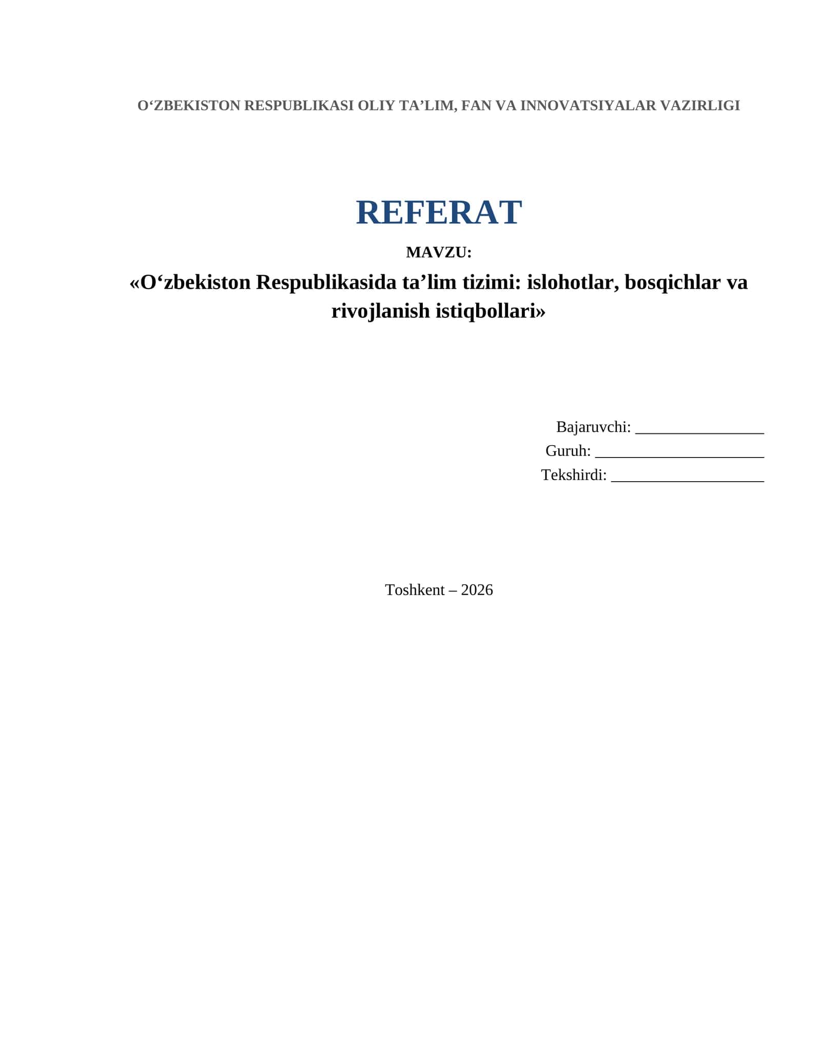 O‘zbekiston Respublikasida ta’lim tizimi: islohotlar, bosqichlar va rivojlanish istiqbollari 1