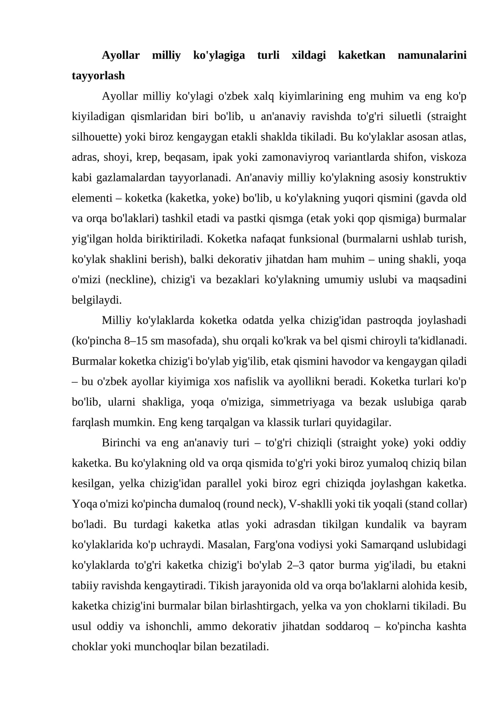 Ayollar milliy ko'ylagiga turli xildagi kaketkan namunalarini tayyorlash 1