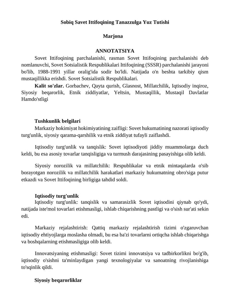Mavzu: Sovet Ittifoqining Tanazzulga Yuz Tutishi 1