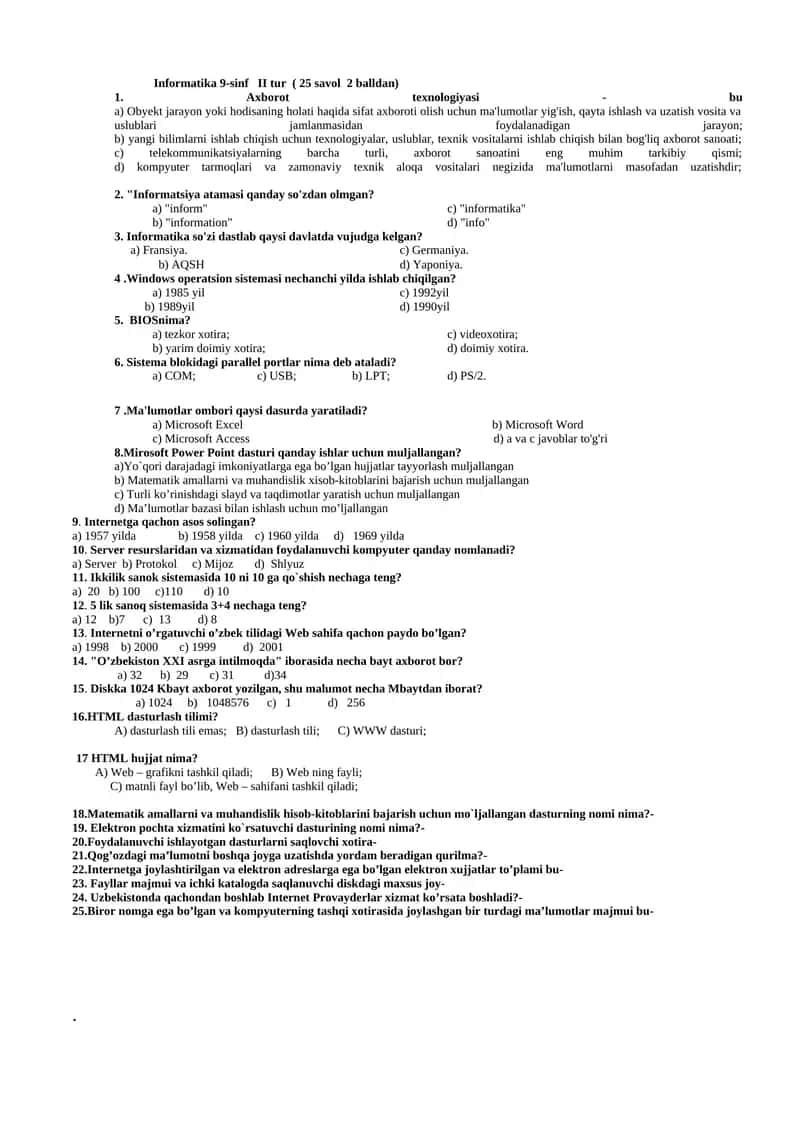 Informatika 9-sinf II tur ( 25 savol 2 balldan) 1
