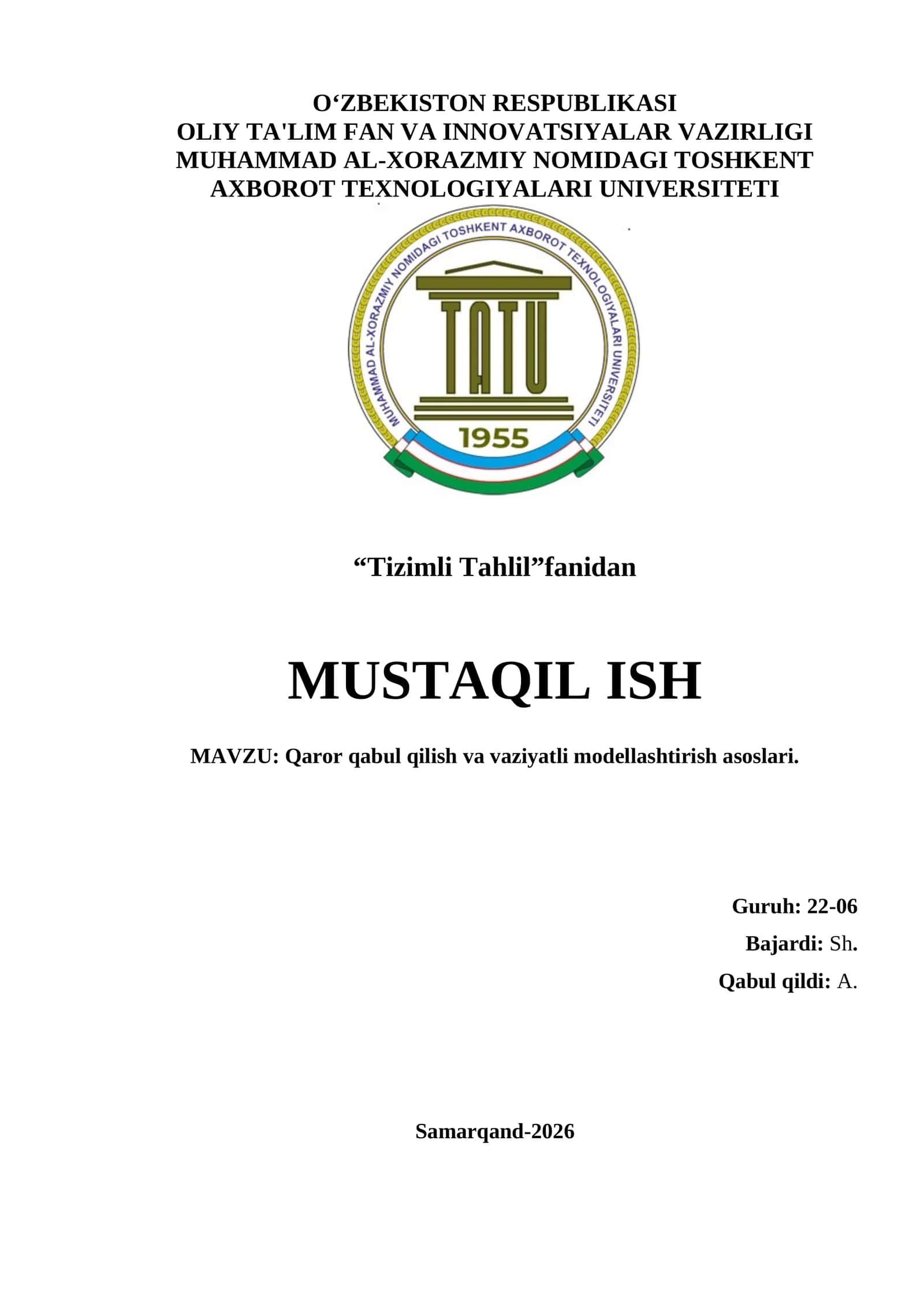 Qaror qabul qilish va vaziyatli modellashtirish asoslari  1. Qaror qabul qilish nazariyasining asoslari.  2. Qaror qabul qilish modellari.  3. Vaziyatli modellashtirish.  4. Matematik usullar va formulalar.   5. Amaliy misollar.  6. Xulosa.  7. Foydalanilgan adabiyotlar. 1