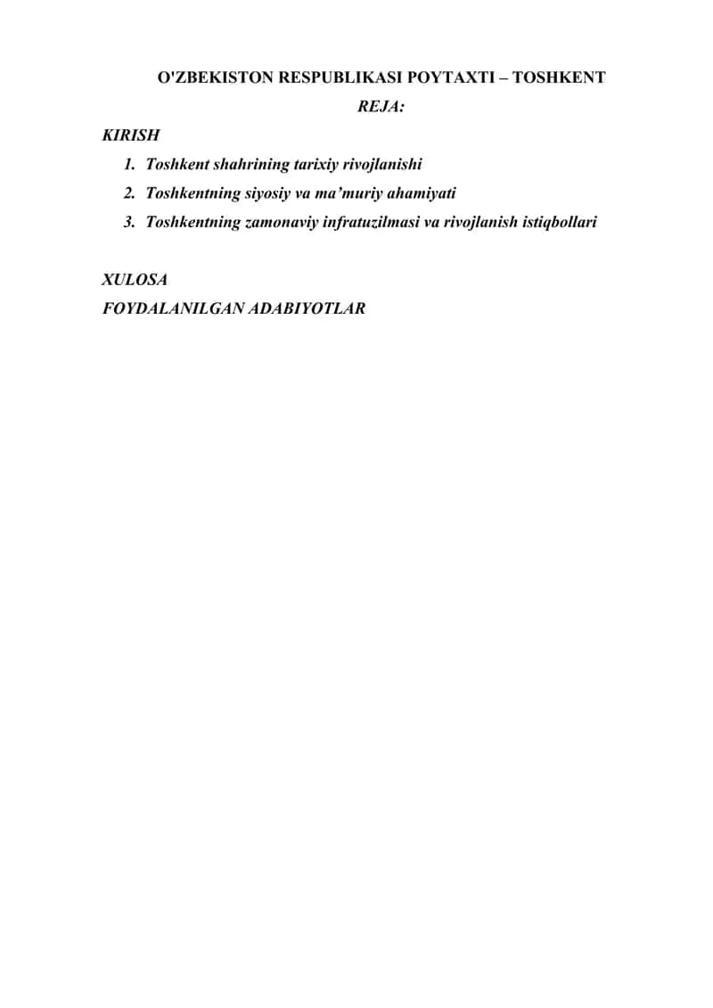 O'ZBEKISTON RESPUBLIKASI POYTAXTI – TOSHKENT 1