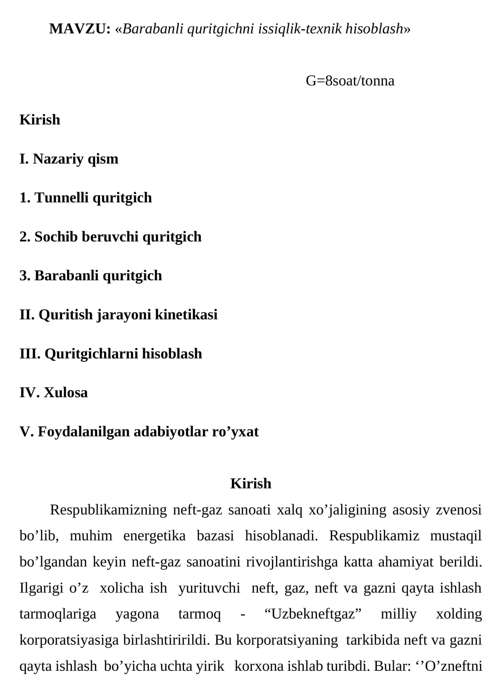 Barabanli quritgichni issiqlik-texnik hisoblash 1