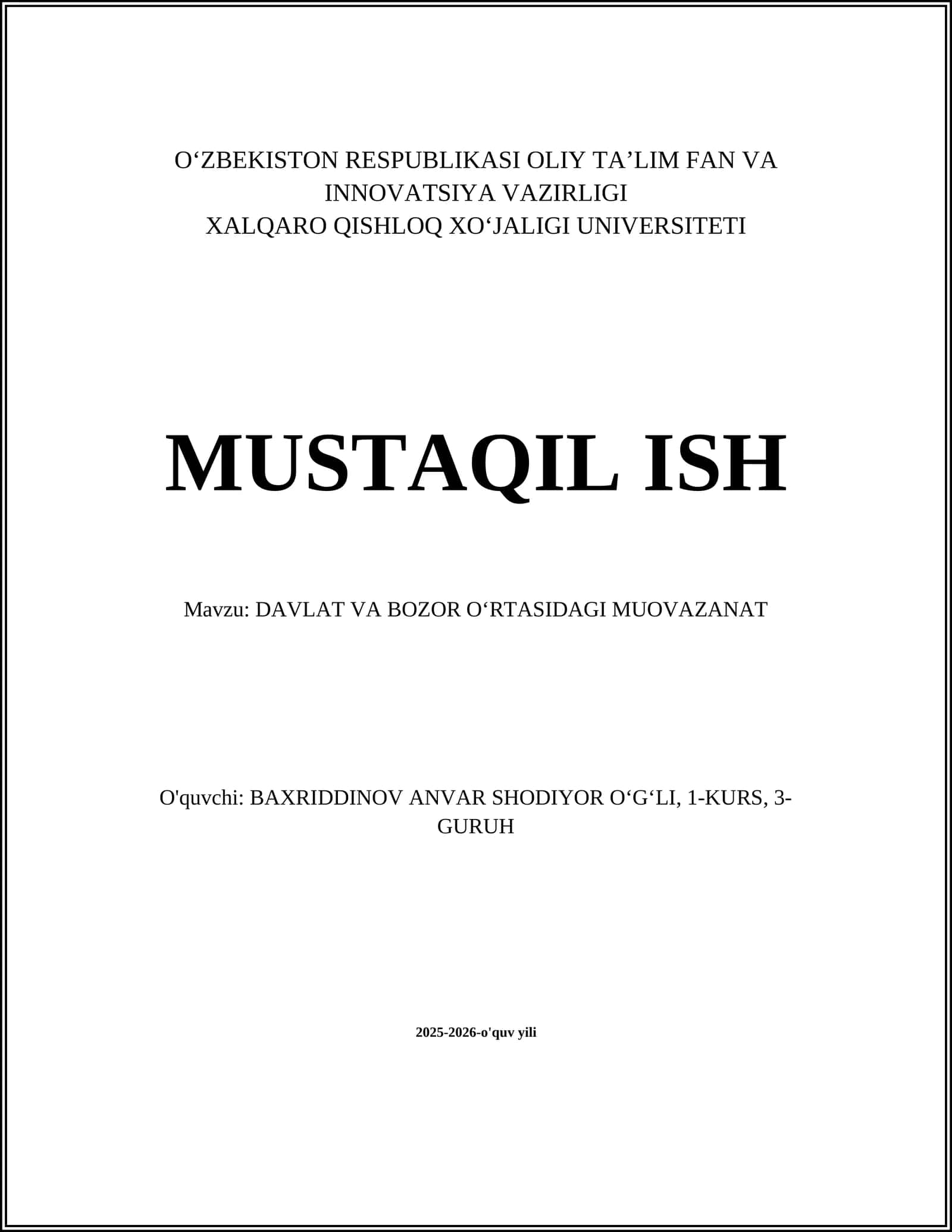 DAVLAT VA BOZOR OʻRTASIDAGI MUOVAZANAT 1