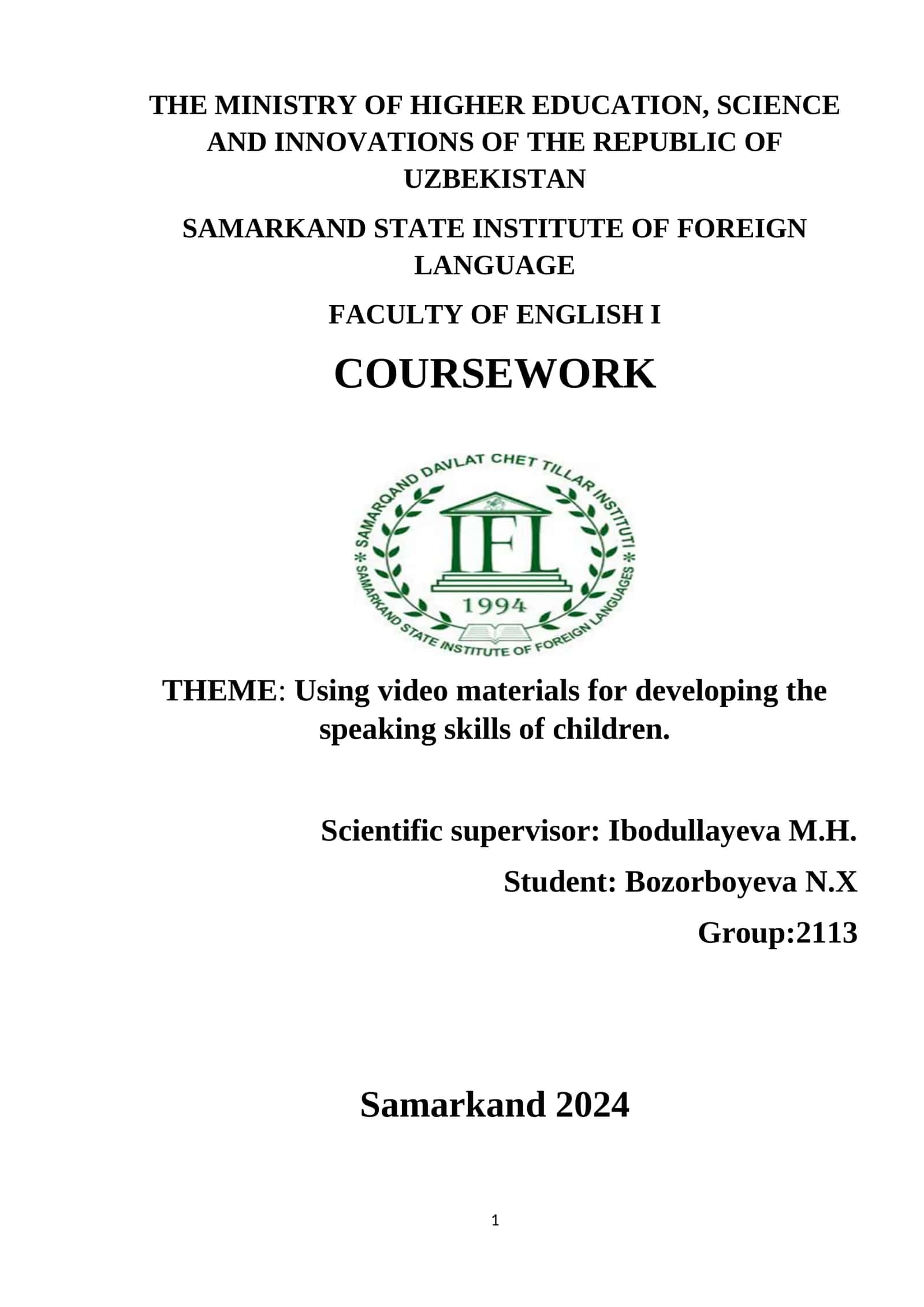 Theme: Using video materials for developing the speaking skills of children 1