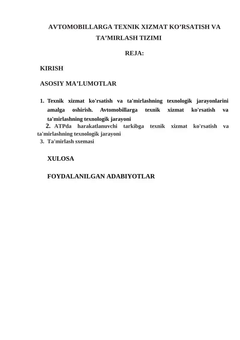 AVTOMOBILLARGA TEXNIK XIZMAT KO’RSATISH VA TA’MIRLASH TIZIMI 1