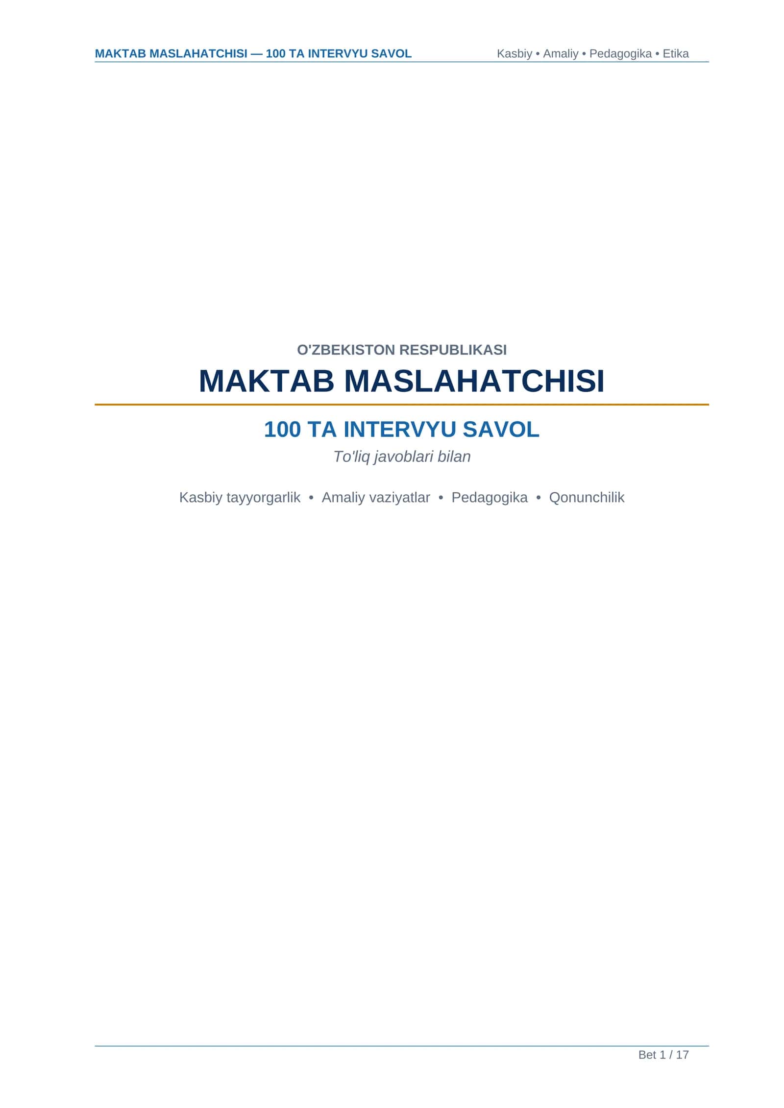 MAKTAB MASLAHATCHISI — 100 TA INTERVYU SAVOL 1