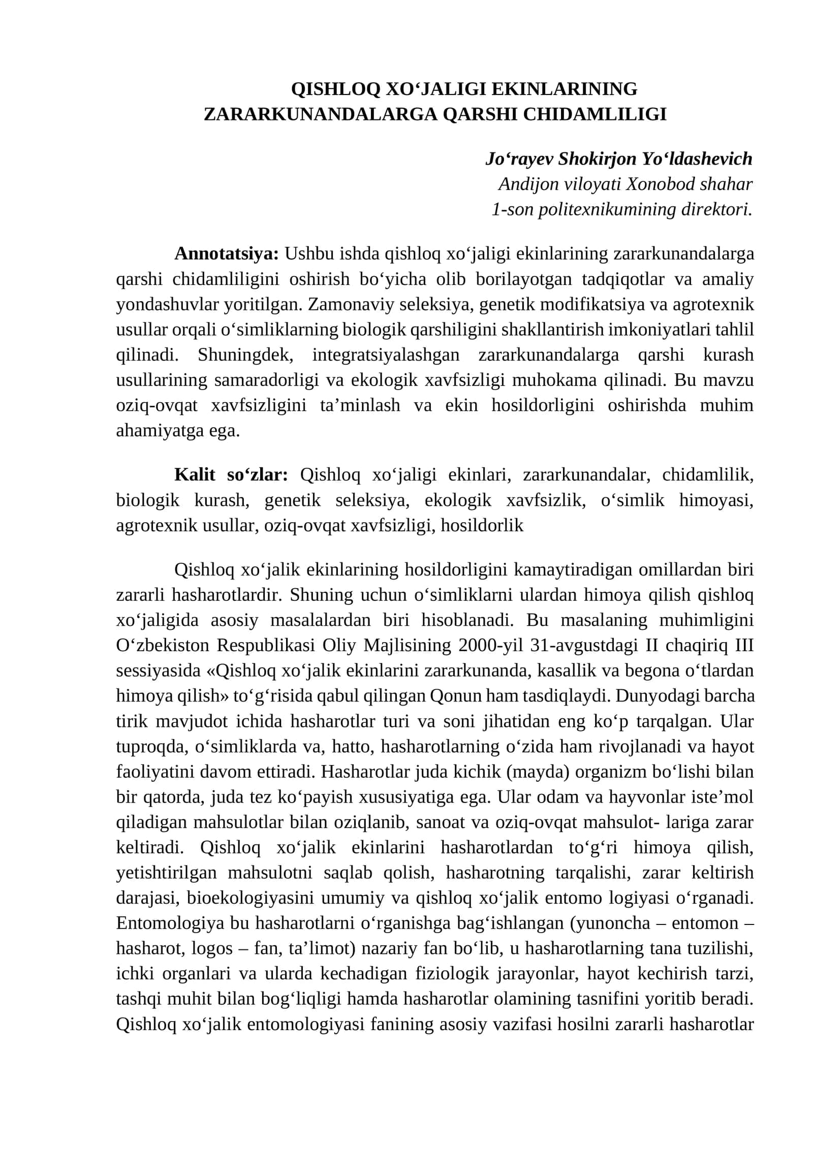 QISHLOQ XO‘JALIGI EKINLARINING ZARARKUNANDALARGA QARSHI CHIDAMLILIGI 1