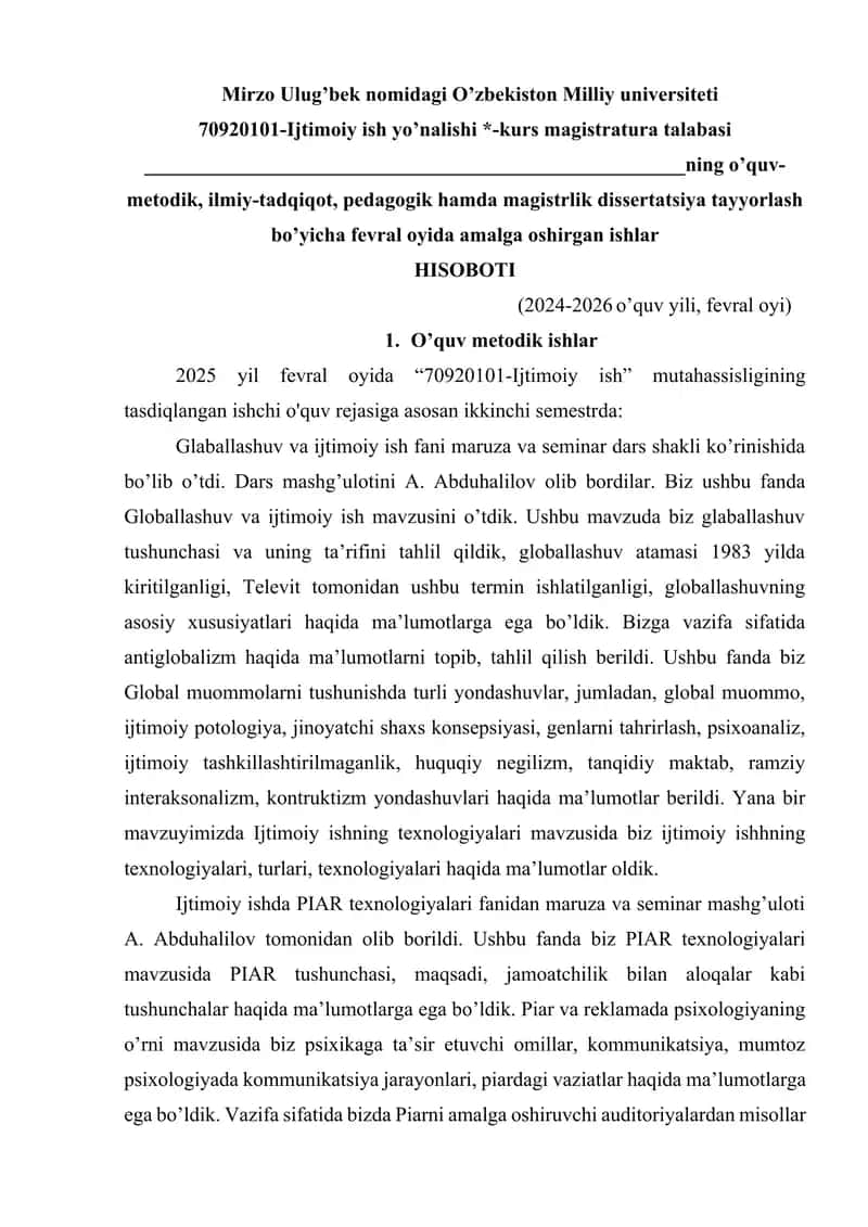 metodik, ilmiy-tadqiqot, pedagogik hamda magistrlik dissertatsiya tayyorlash bo’yicha fevral oyida amalga oshirgan ishlar 1