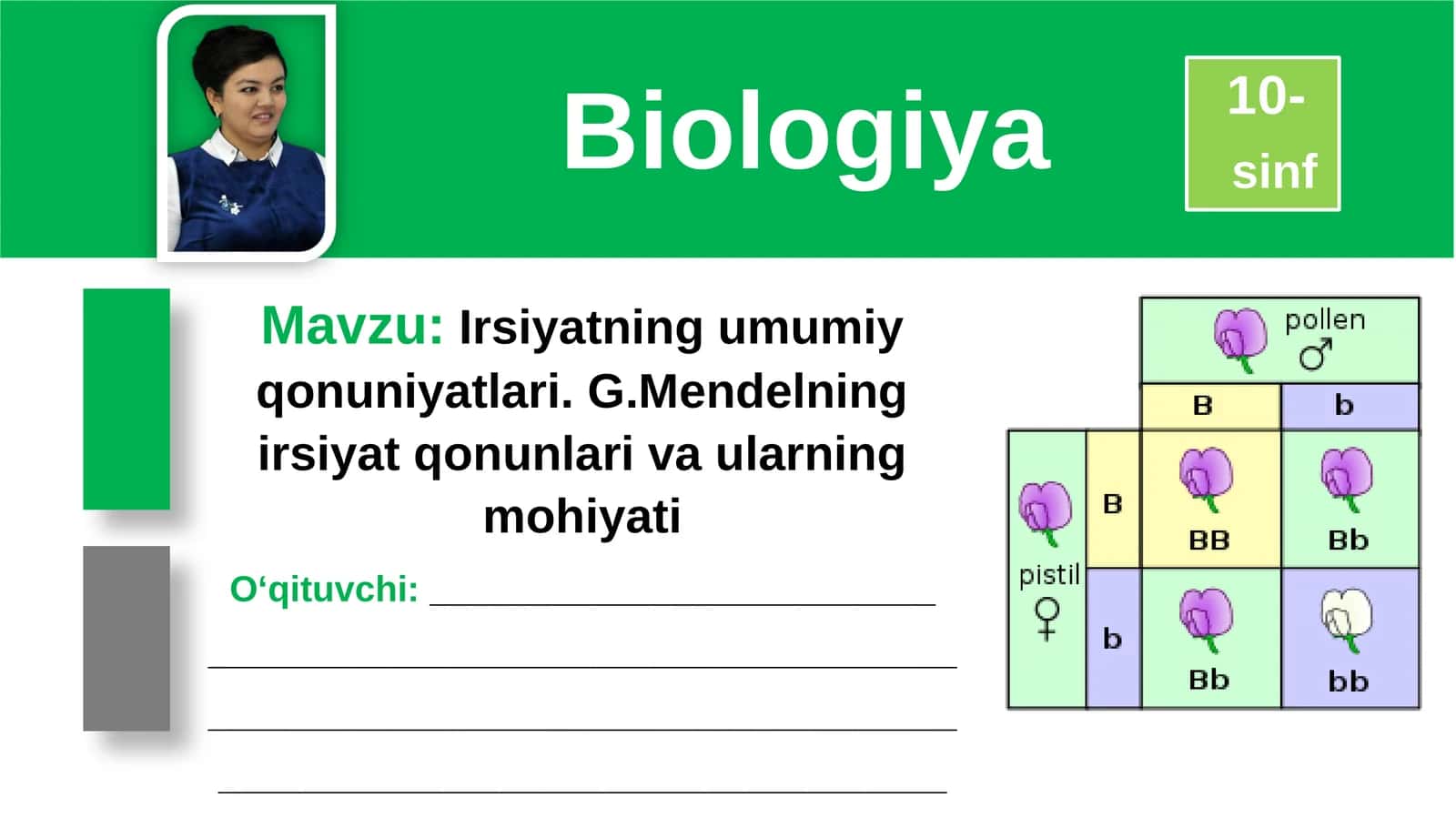 10-sinf Biologiya fanidan Irsiyat qonuniyatlari dars taqdimoti 1