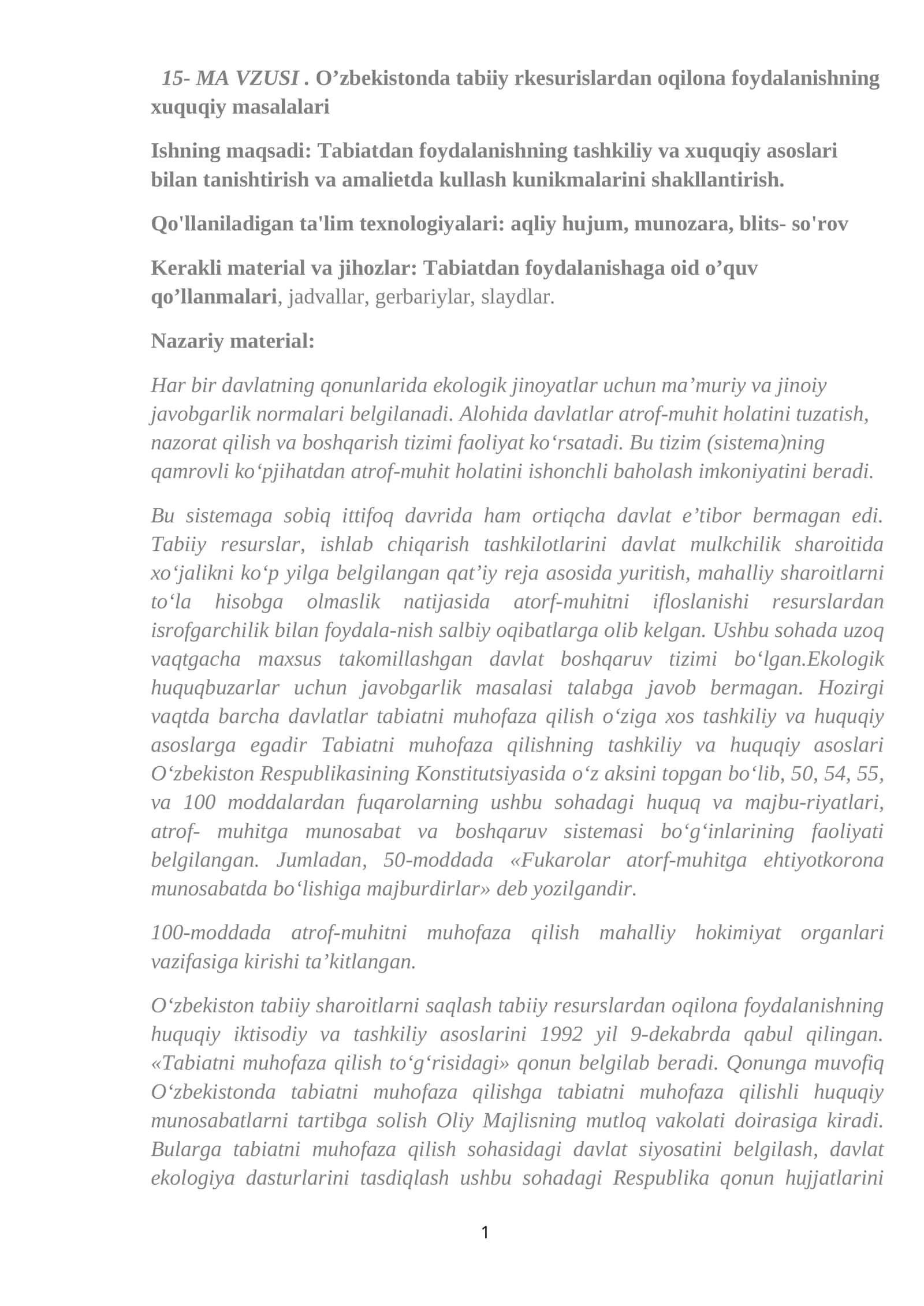O’zbekistonda tabiiy rkesurislardan oqilona foydalanishning xuquqiy masalalari 1