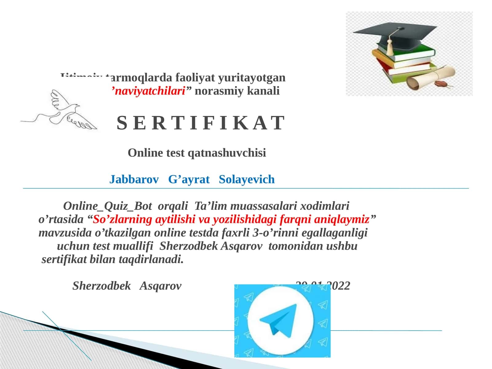 "So’zlarning aytilishi va yozilishidagi farqni aniqlaymiz" mavzusida o'tkazilgan onlinetest 1