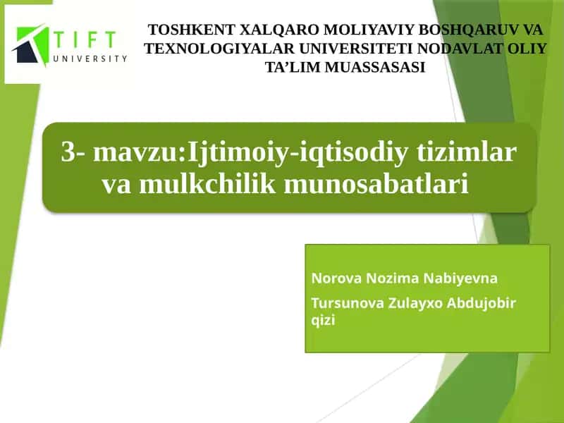 TOSHKENT XALQARO MOLIYAVIY BOSHQARUV VA TEXNOLOGIYALAR UNIVERSITETI NODAVLAT OLIY TA’LIM MUASSASASI 1