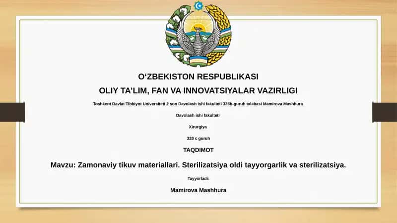 Zamonaviy tikuv materiallari. Sterilizatsiya oldi tayyorgarlik va sterilizatsiya 1
