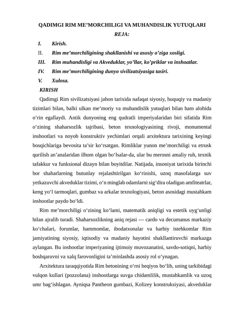 QADIMGI RIM ME’MORCHILIGI VA MUHANDISLIK YUTUQLARI 1