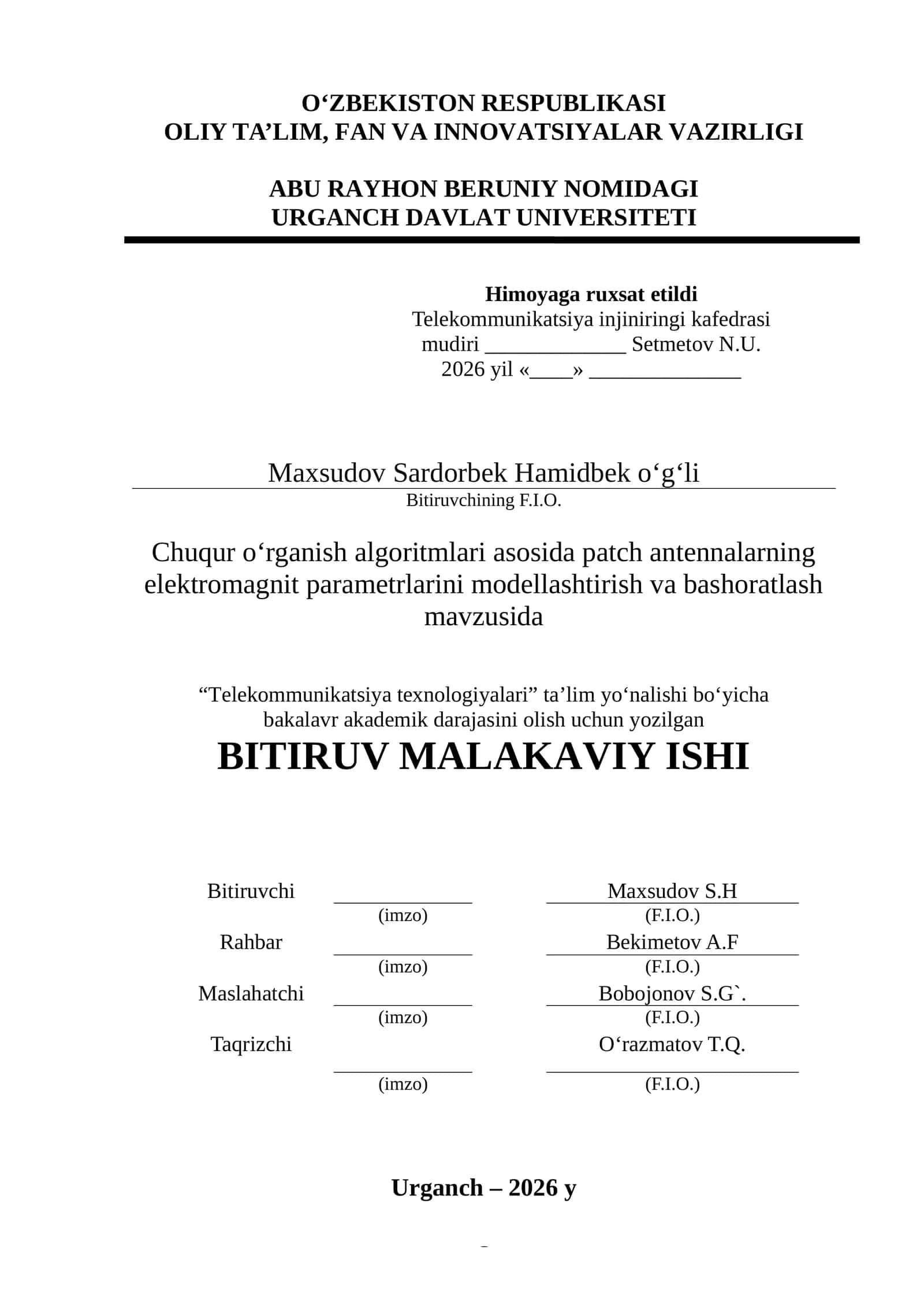 Chuqur o‘rganish algoritmlari asosida patch antennalarning elektromagnit parametrlarini modellashtirish va bashoratlash mаvzusidа 1