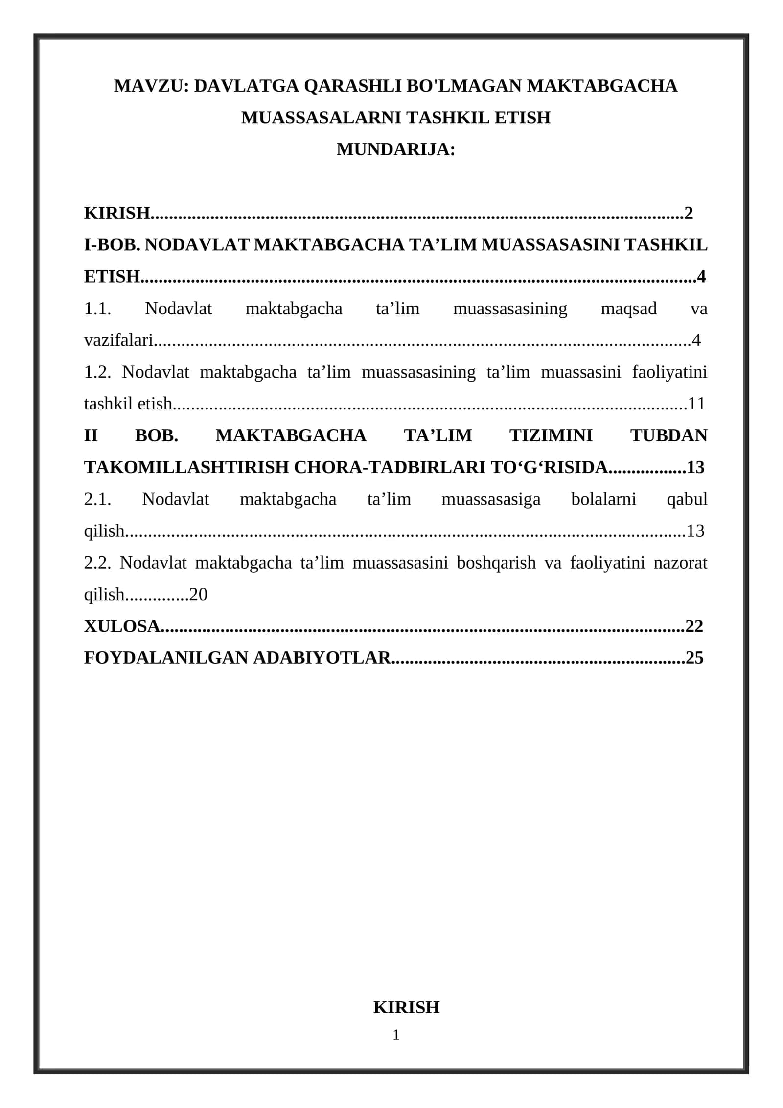 DAVLATGA QARASHLI BO'LMAGAN MAKTABGACHA MUASSASALARNI TASHKIL ETISH 1