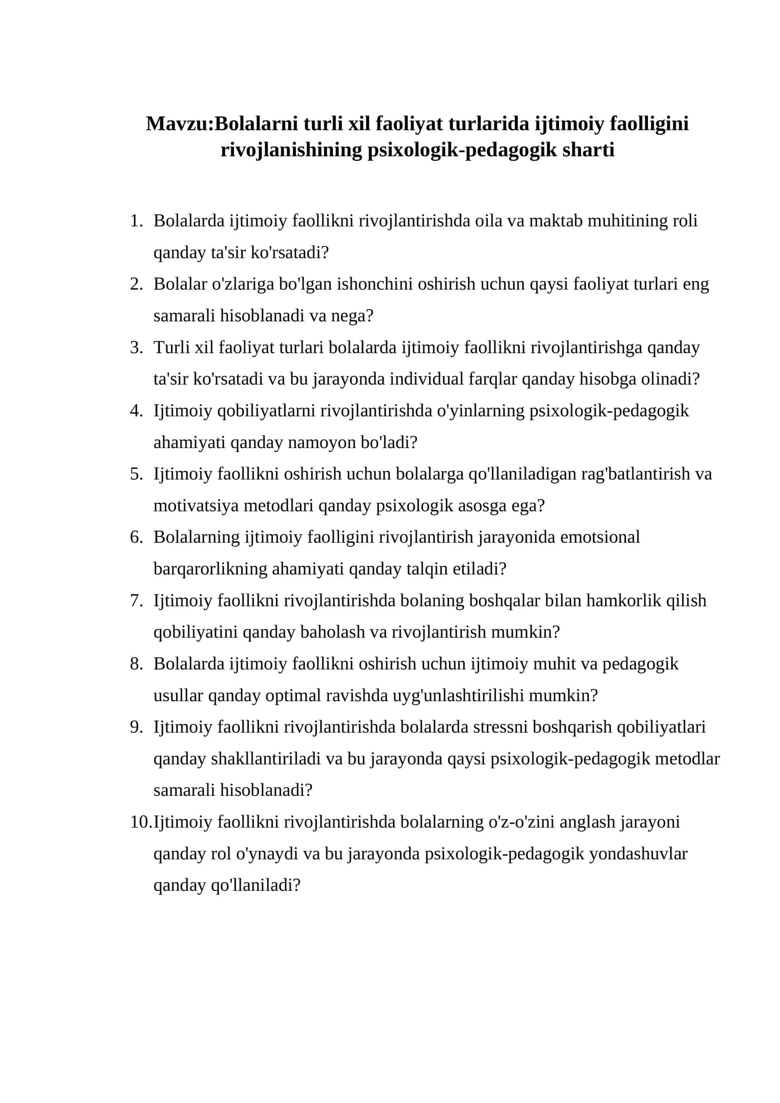 Bolalarni turli xil faoliyat turlarida ijtimoiy faolligini rivojlanishining psixologik-pedagogik sharti 1