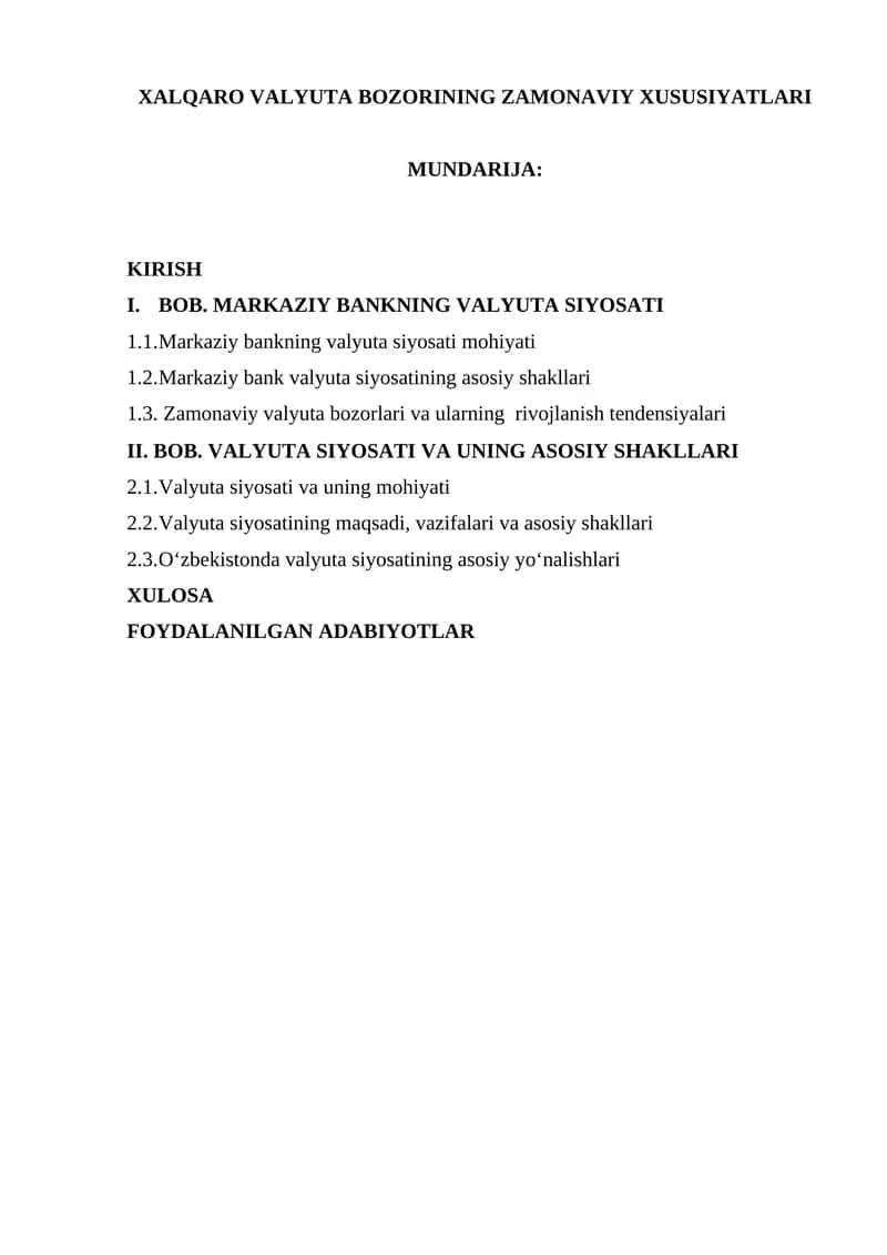 XALQARO VALYUTA BOZORINING ZAMONAVIY XUSUSIYATLARI 1