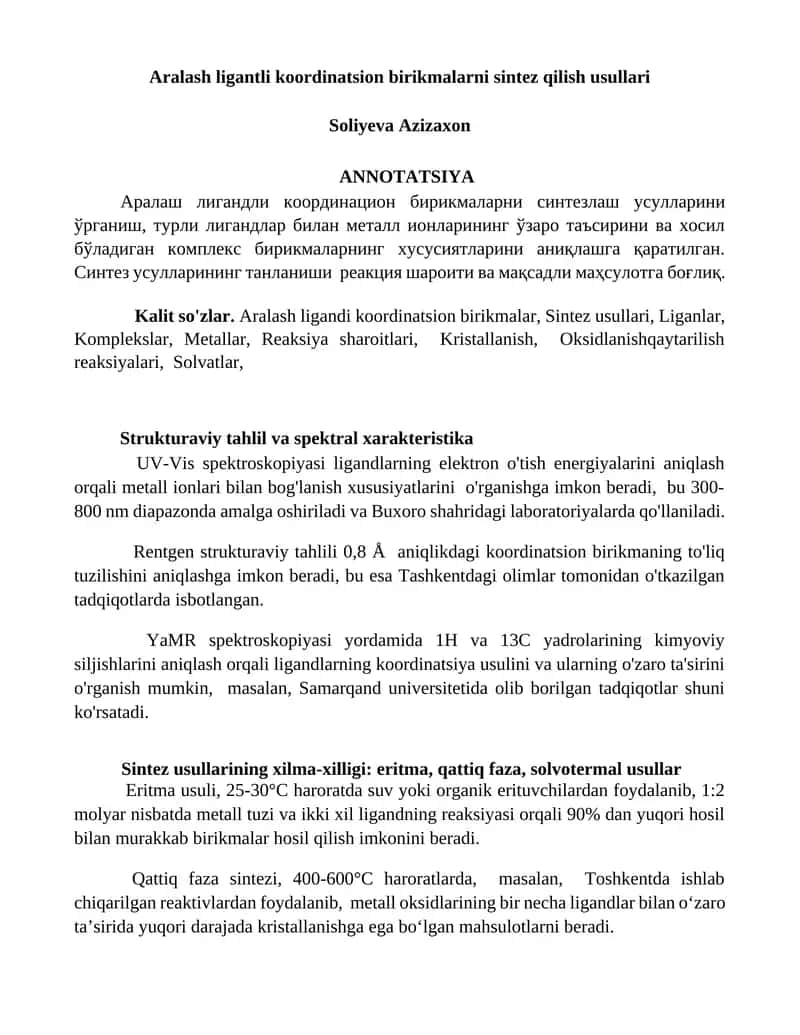 Aralash ligantli koordinatsion birikmalarni sintez qilish usullari 1