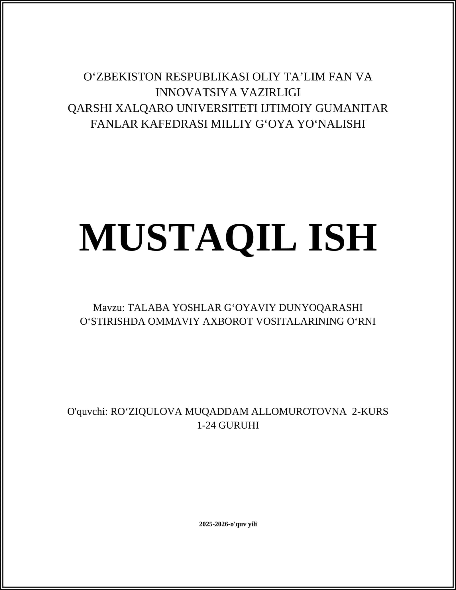 TALABA YOSHLAR G‘OYAVIY DUNYOQARASHI O‘STIRISHDA OMMAVIY AXBOROT VOSITALARINING O‘RNI 1